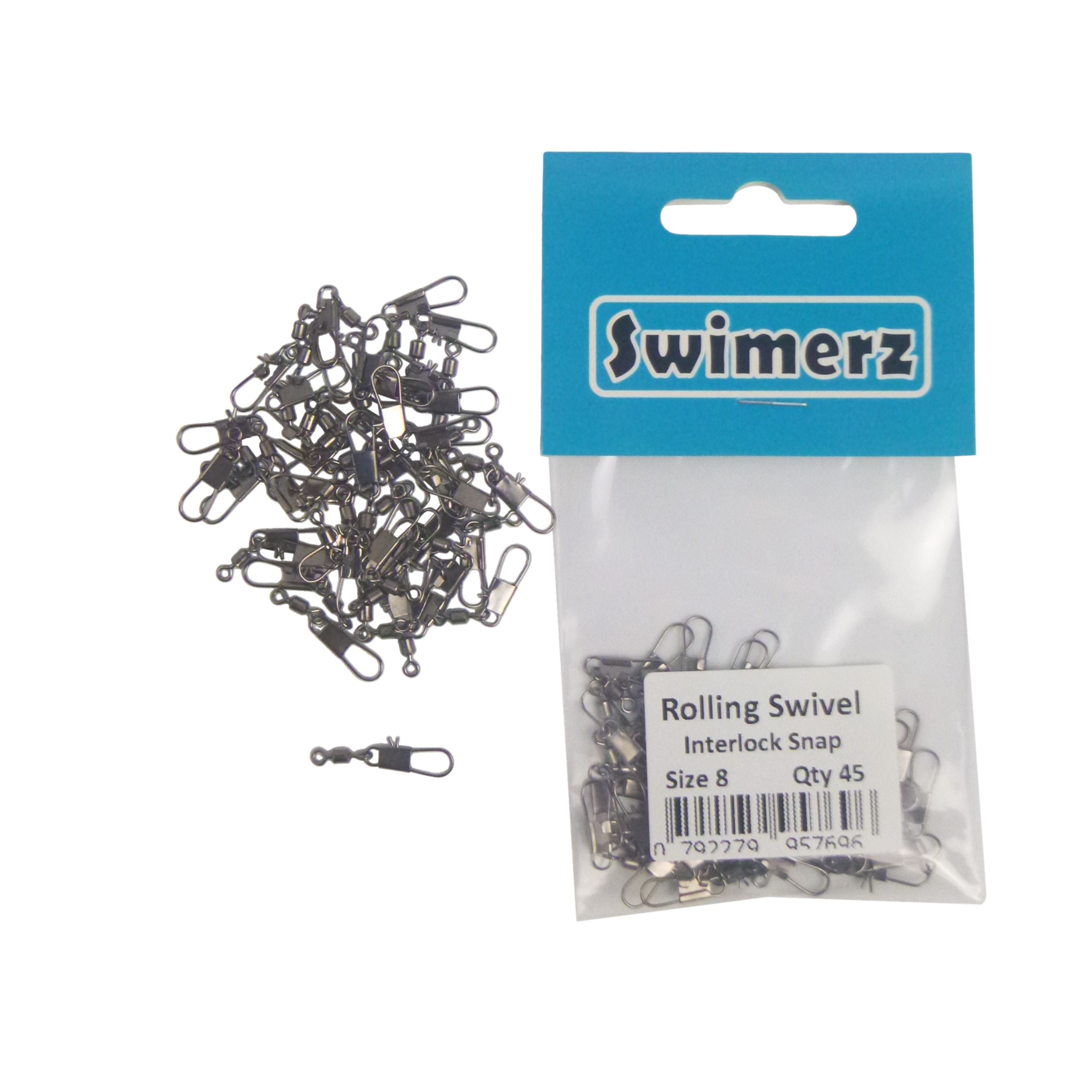 Fishing Tackle: Swimerz Rolling Swivel w Interlock Snap, Size 8, 45 pack