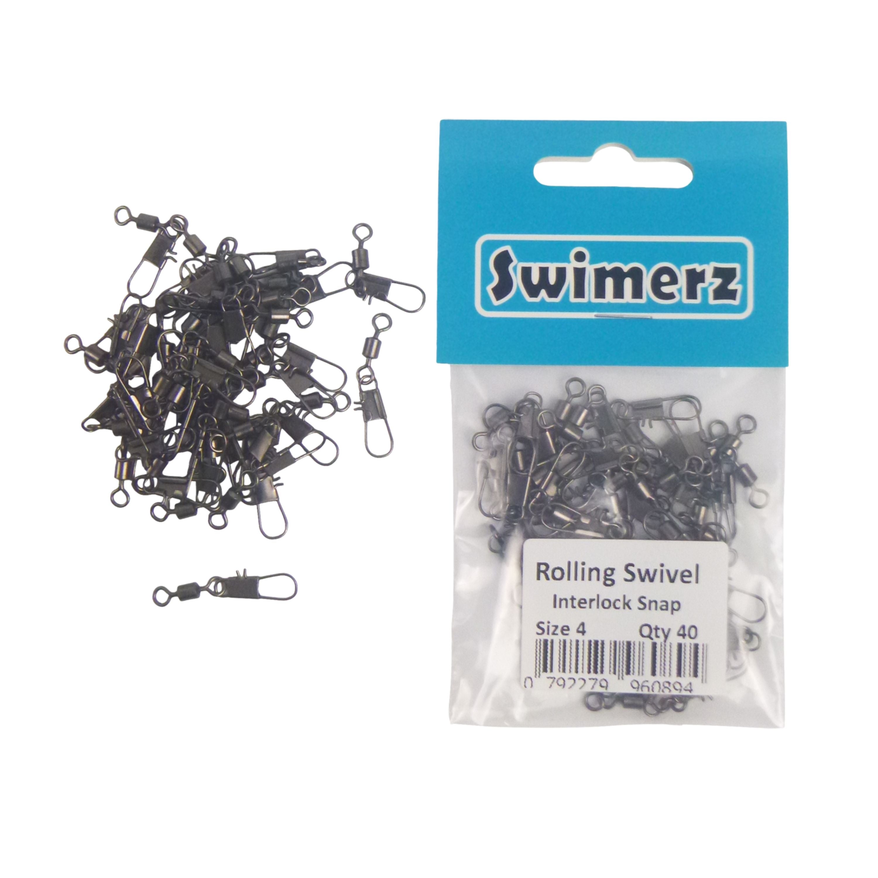 Fishing Tackle: Swimerz Rolling Swivel w Interlock Snap, Size 4, 40 pack