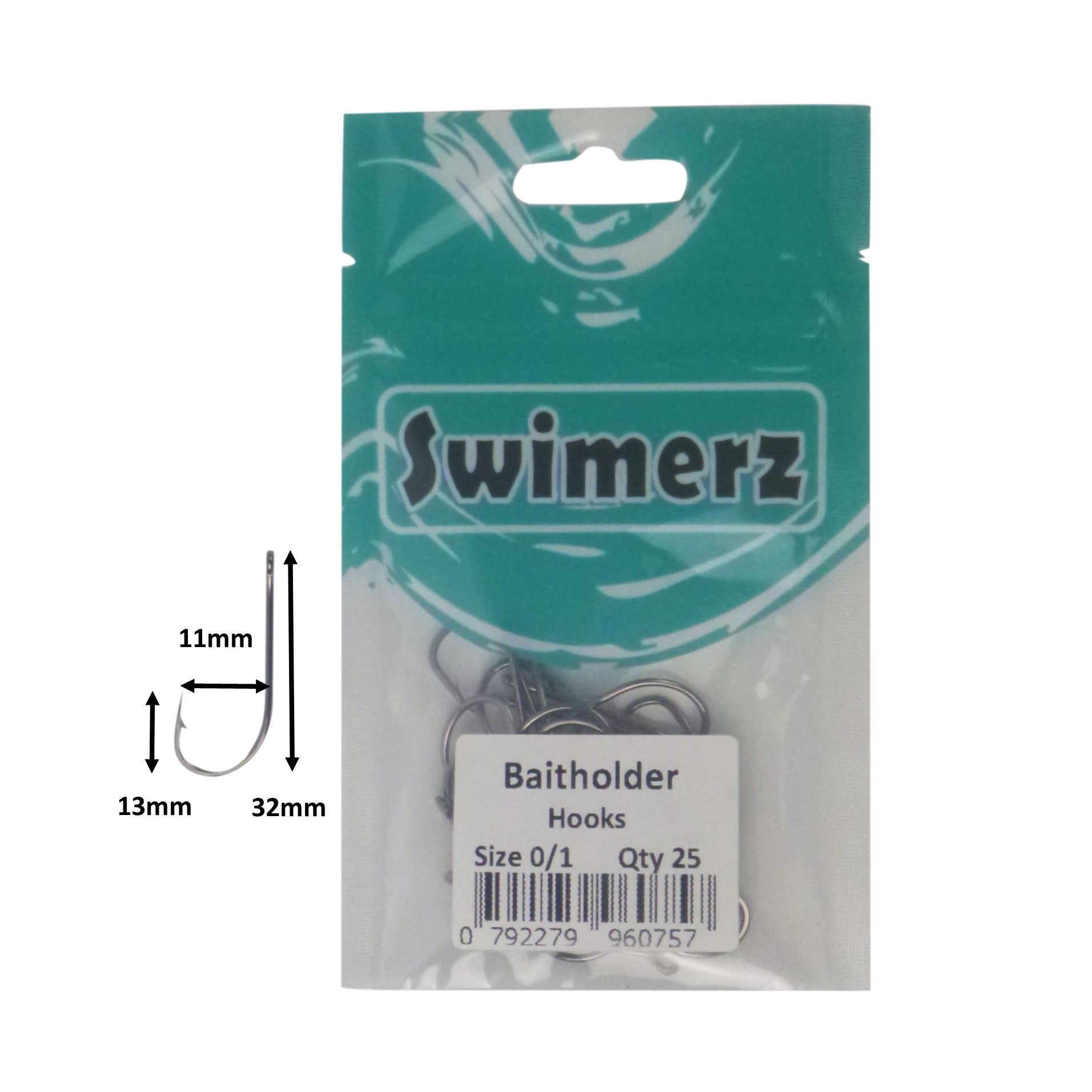 Fishing Tackle: Swimerz 0/1 Baitholder Hook, Qty 25
