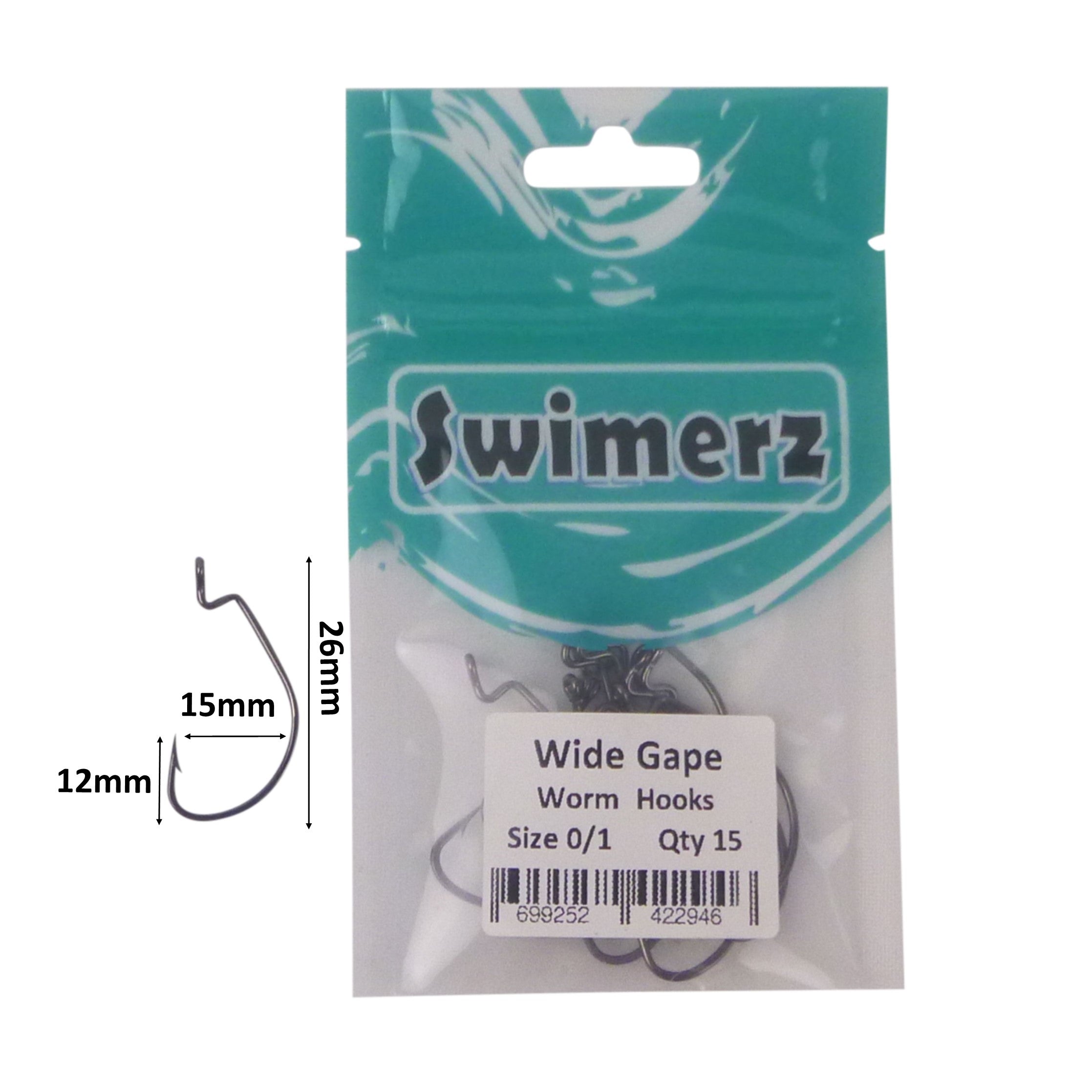 Fishing Tackle: Swimerz 0/1 Wide Gape Worm Hook 15 Pack