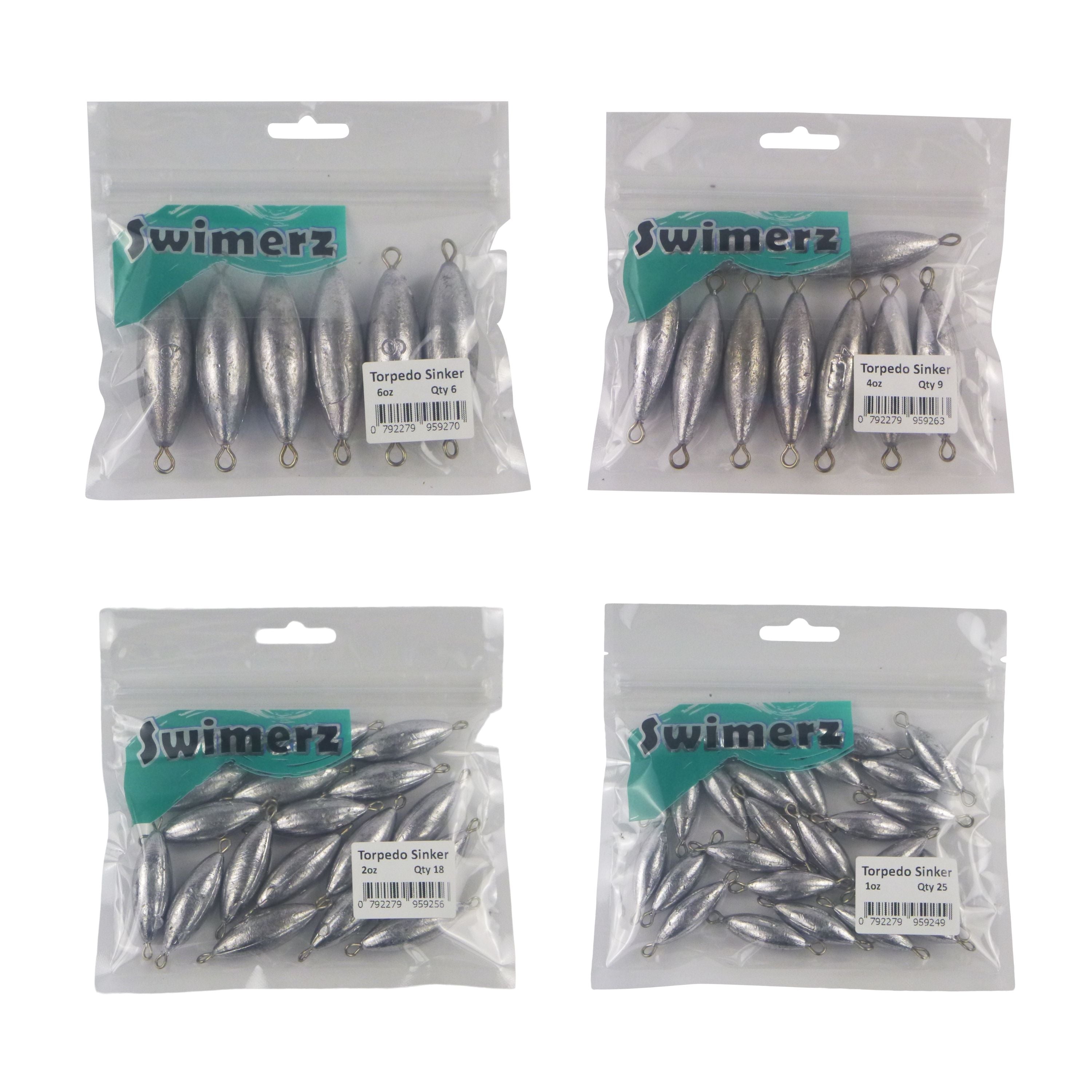 Fishing Tackle: Swimerz Bulk Pack Torpedo Trolling Sinker, 4 sizes, Qty 58