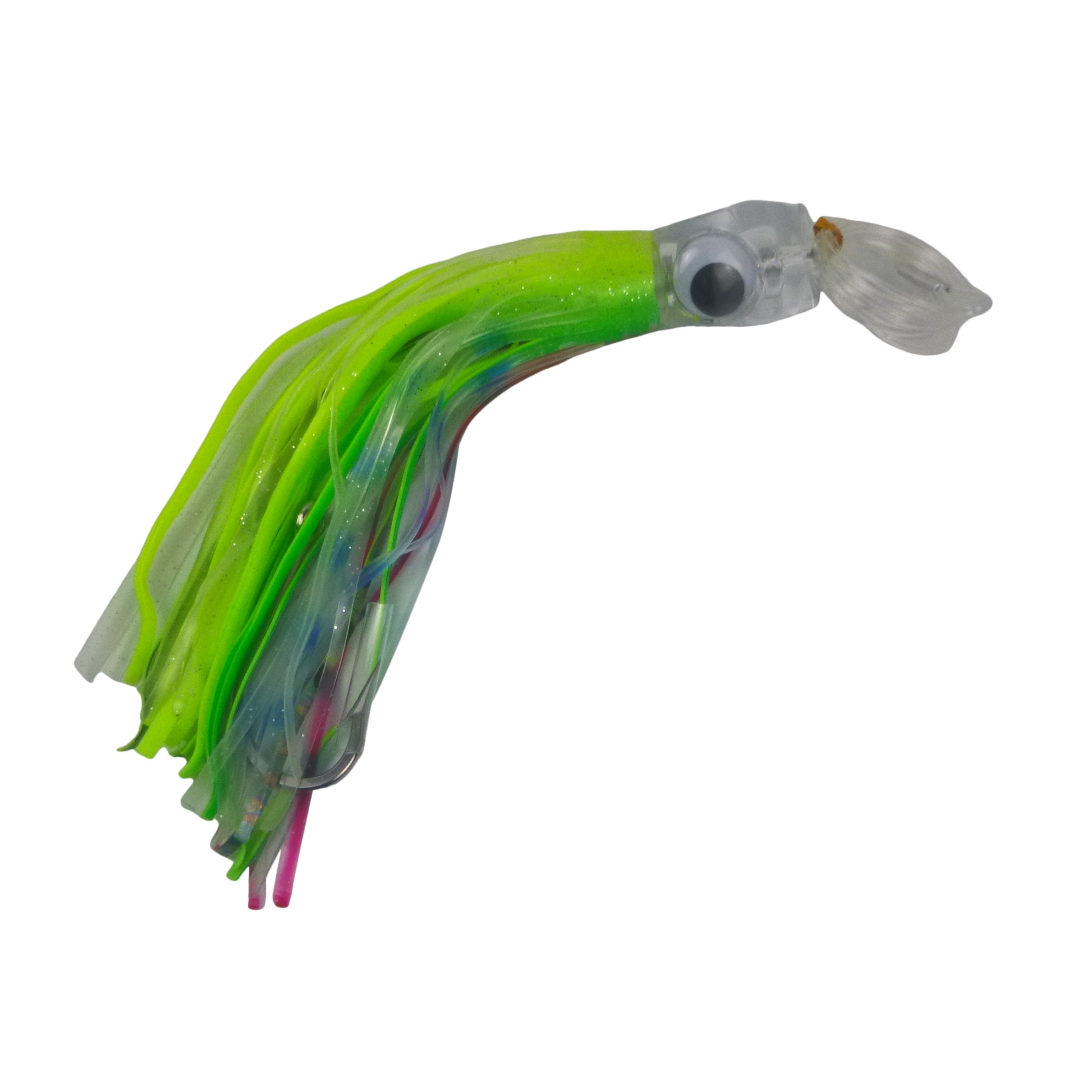 Fishing Tackle: Swimerz Trolling Lure Rigs, 95gm, 23cmL, Size 8/0 Hook, Lime Spider, 2 pack