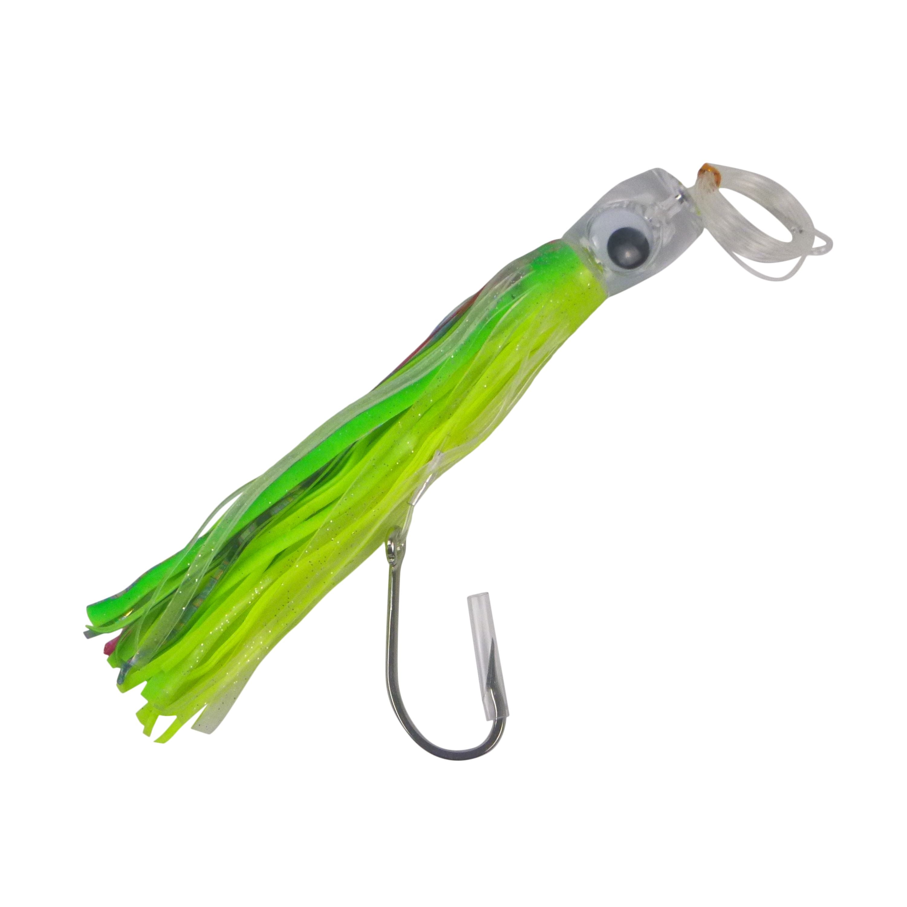 Fishing Tackle: Swimerz Trolling Lure Rigs, 95gm, 23cmL, Size 8/0 Hook, Lime Spider, 2 pack
