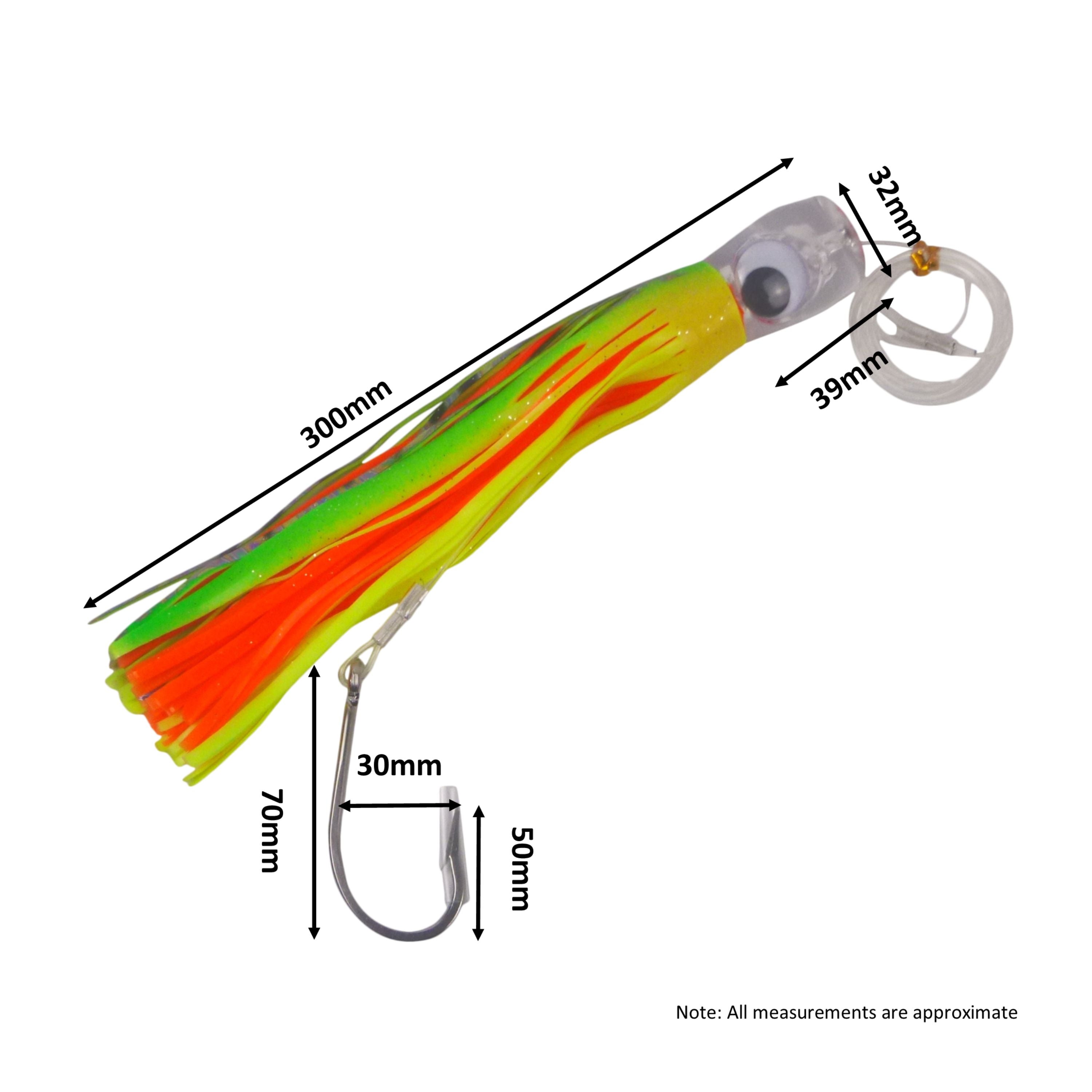 Fishing Tackle: Swimerz Trolling Lure Rigs, 95gm, 23cmL, Size 8/0 Hook, Lime Spider, 2 pack