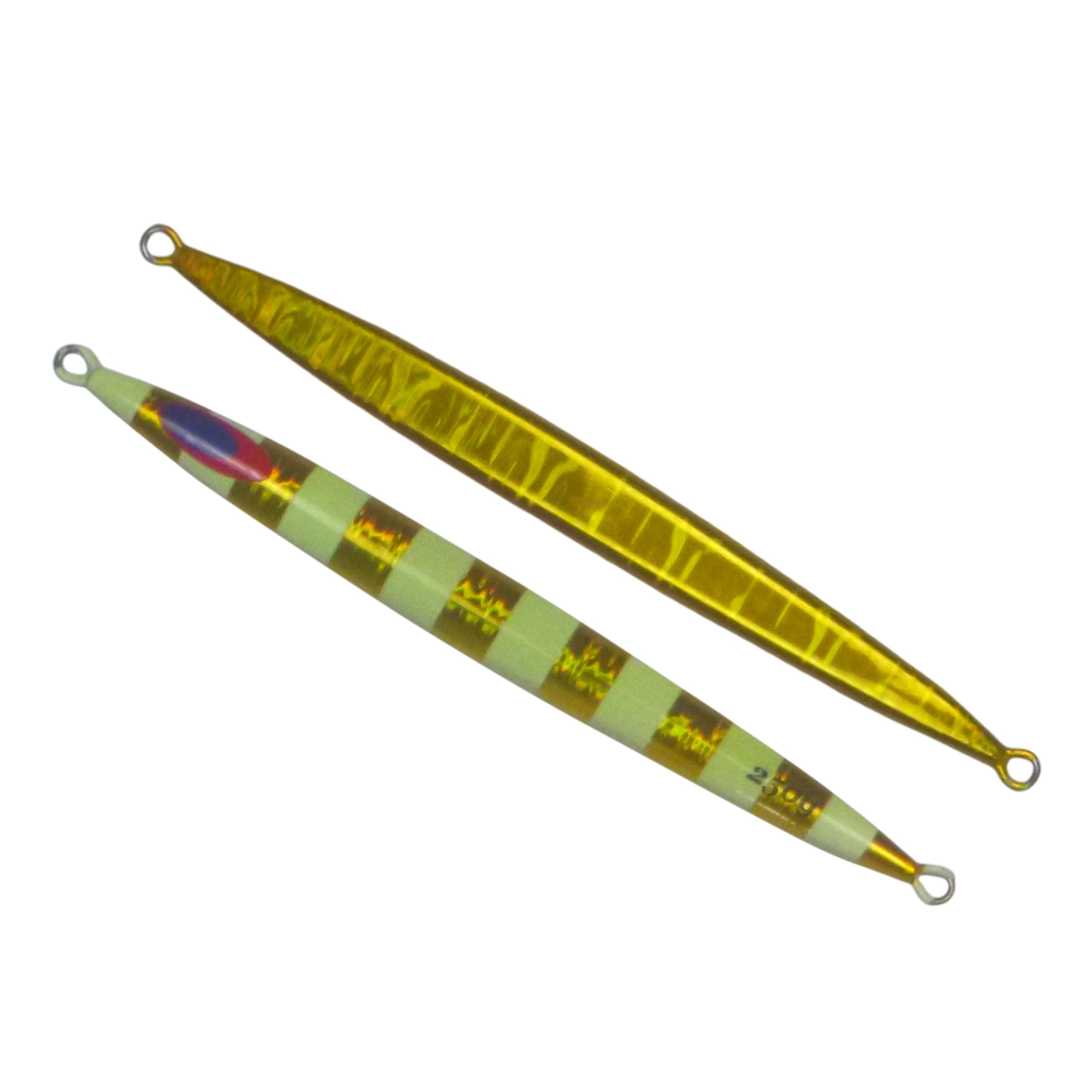 Fishing Tackle: Finesse Lumo Fastdrop Jig, 250gm, Gold Stripe, Qty 2