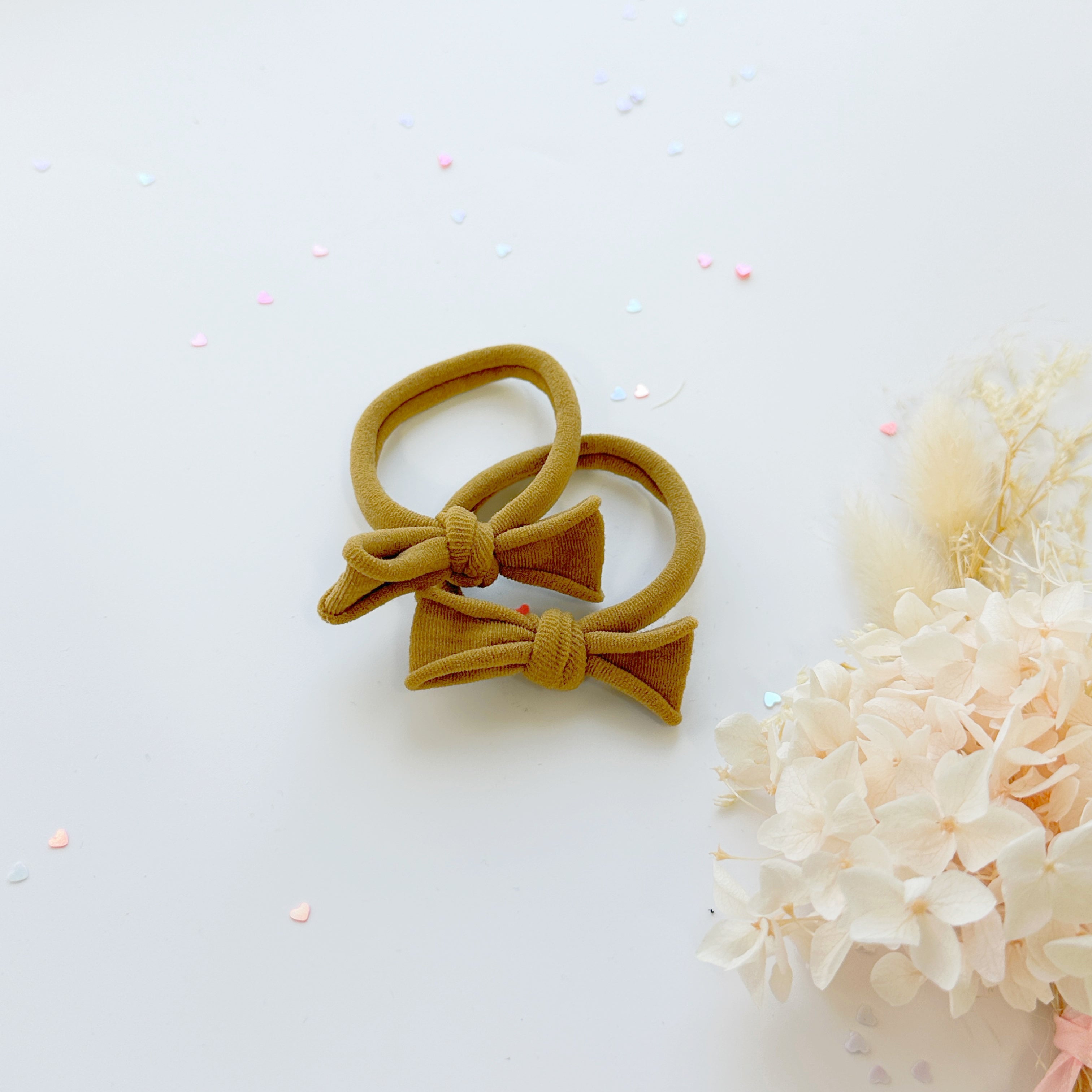 Women's Accessories: Handmade Simple Bow metal free hair ties -Mustard - 1 Pairs - Grey