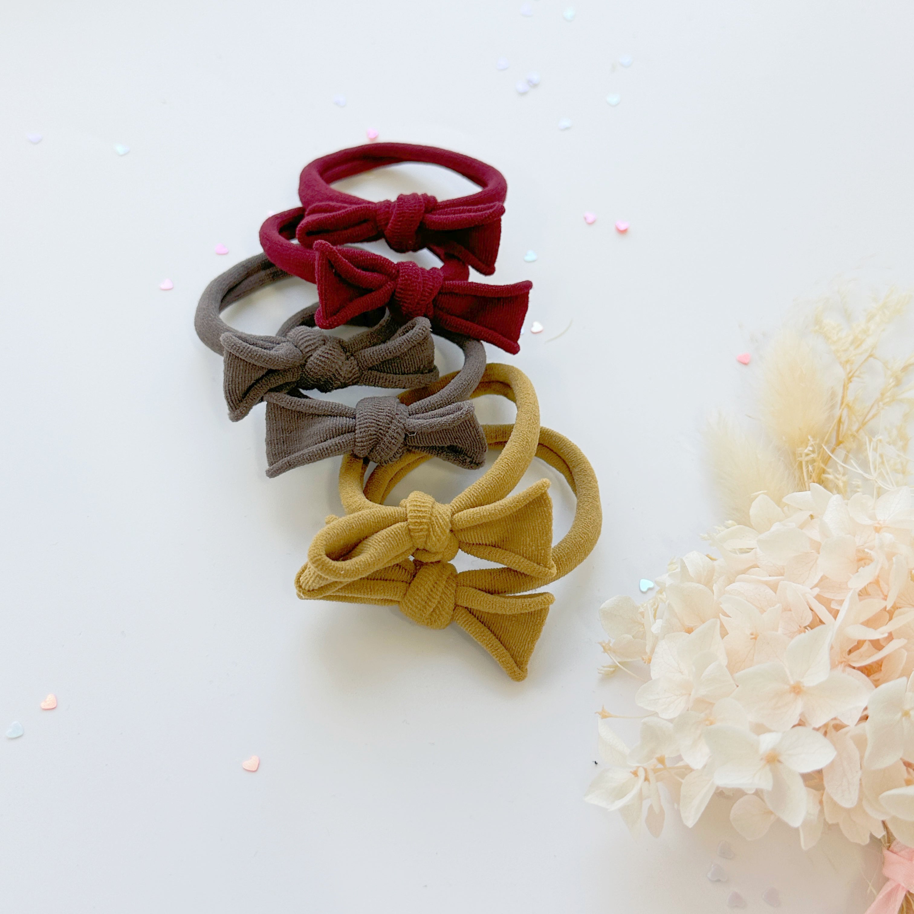 Women's Accessories: Handmade Simple Bow metal free hair ties -Mustard - 1 Pairs - Maroon