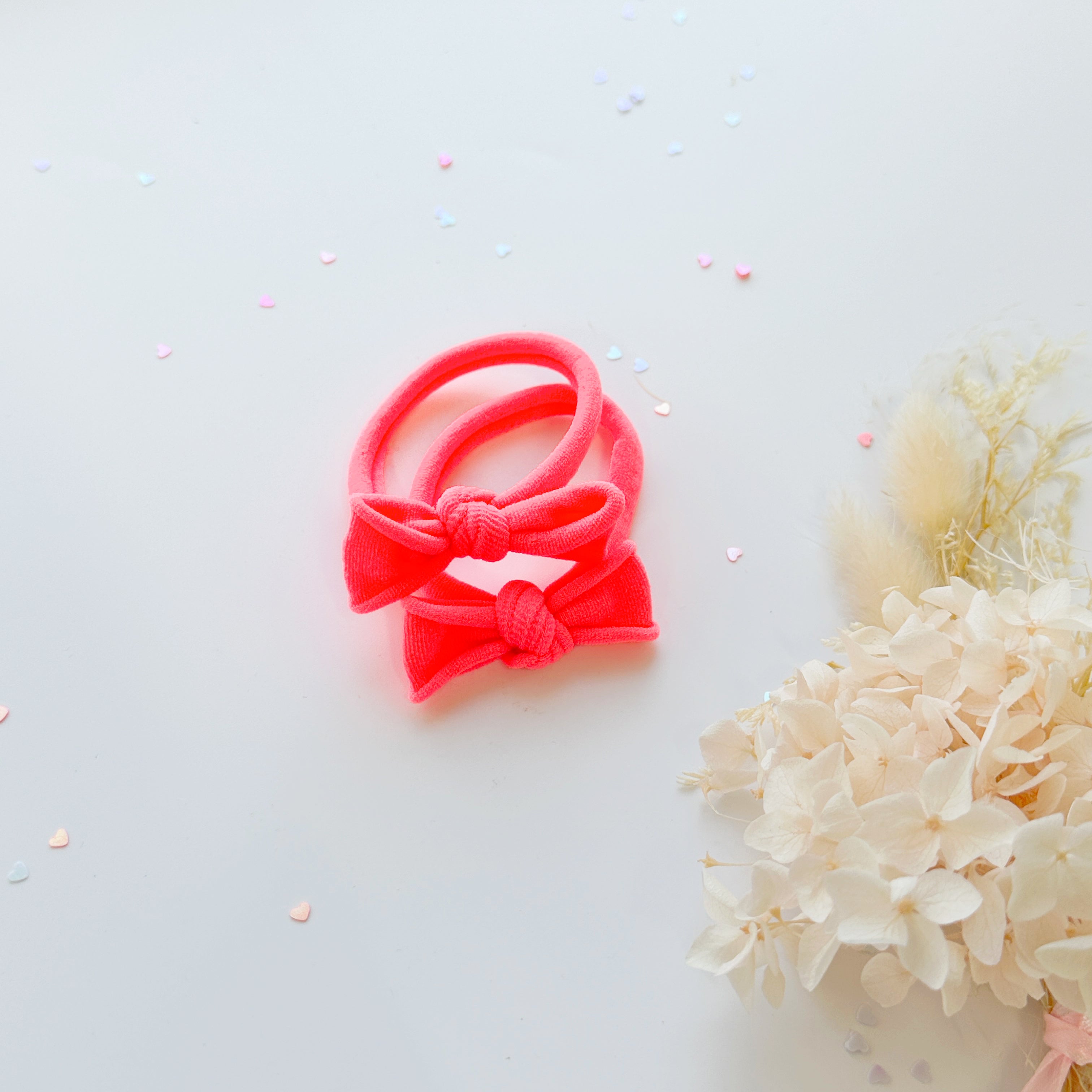 Handmade Simple Bow metal free hair ties - Neon - 1 Pairs - Neon Pink