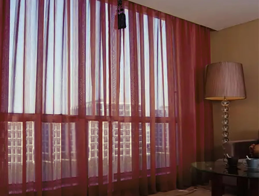 Curtains & Drapes: 2 Sheer Voile Curtains 544cm wide 230cm long + 30 Pinch Pleat Hooks Wine Red New