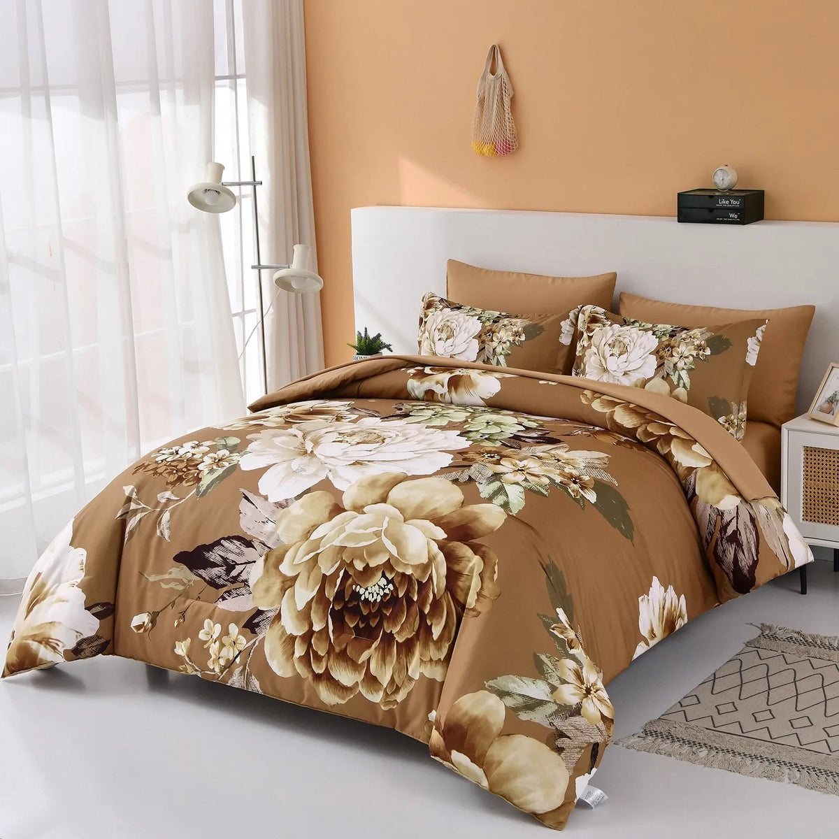 Golden Bloom Majesty Caramel Blossom 3 Piece Comforter Set