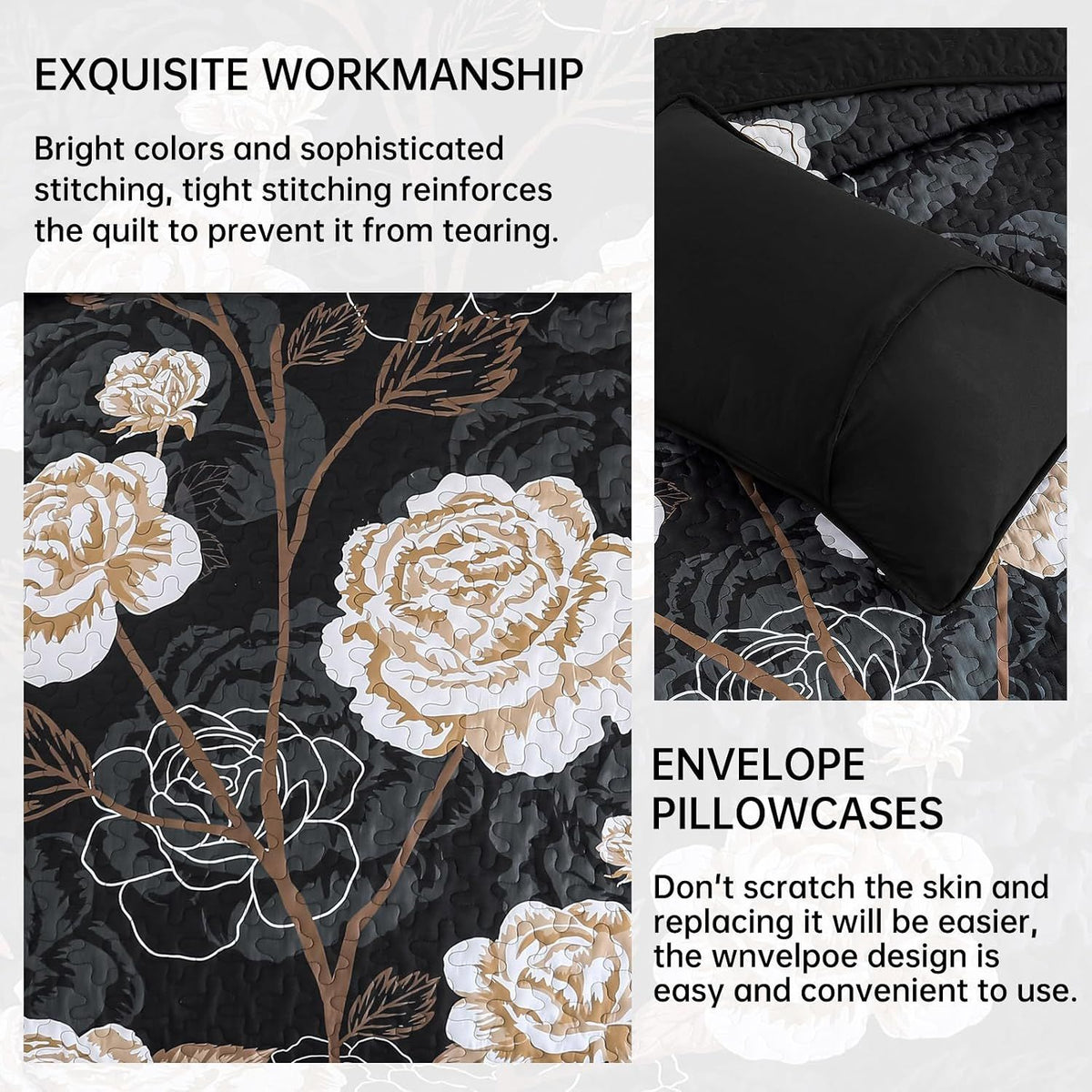 Black Floral Elysian Bedspread Coverlet 3 Piece Set