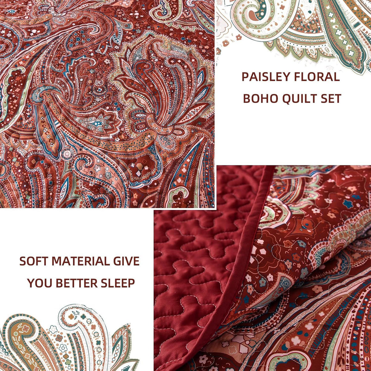 Red Paisley Floral Haven Bedspread Coverlet 3 Piece Set