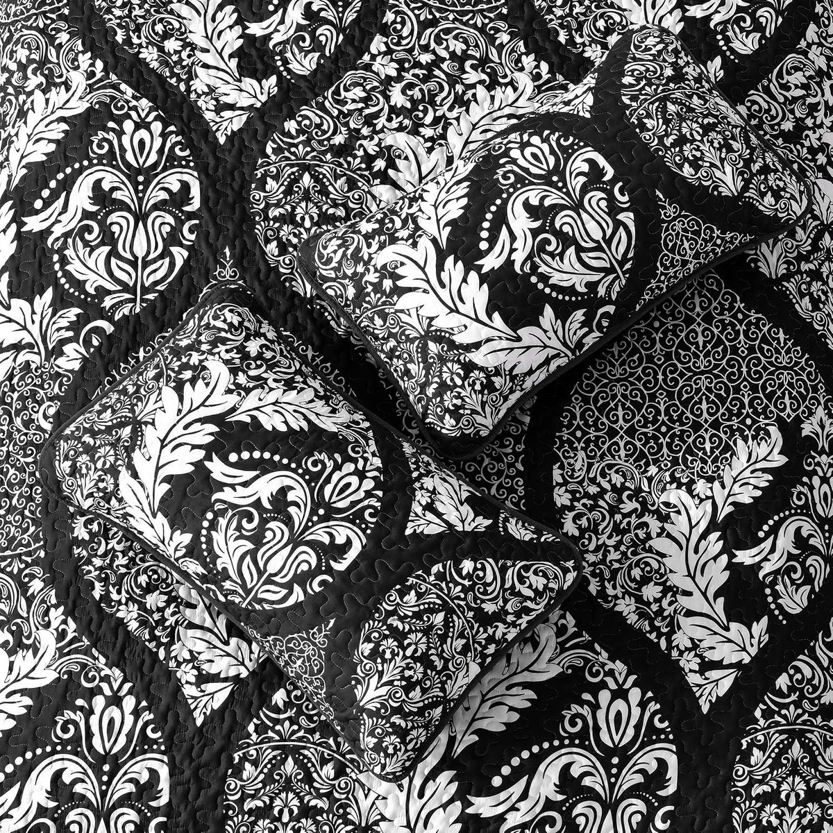 Black Damask Boho Charm Bedspread Coverlet 3 Piece Set