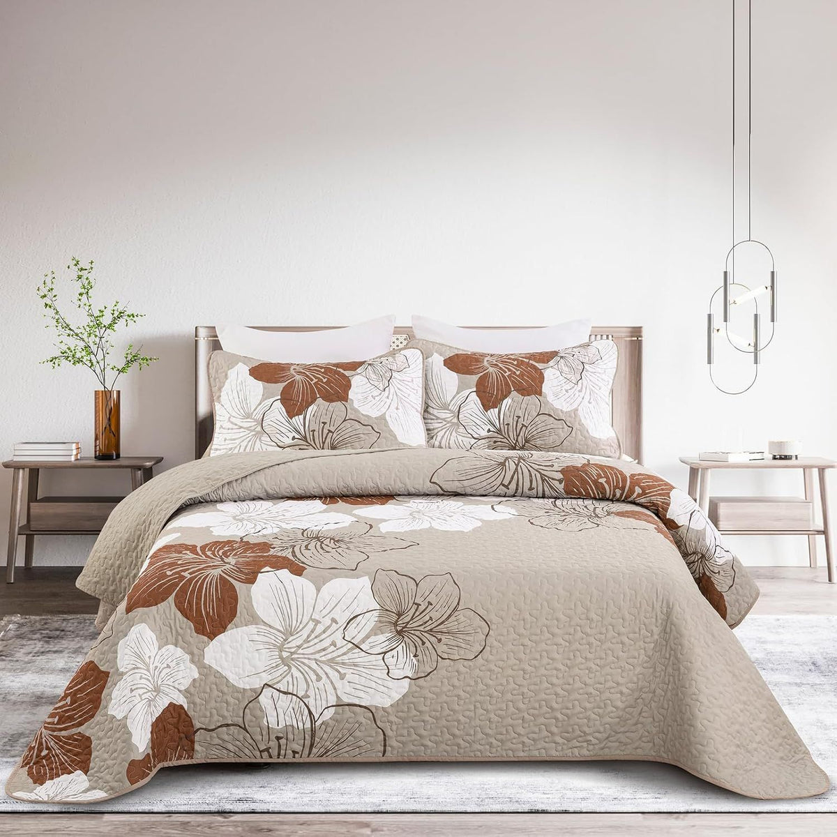 Taupe Floral Mosaic Bedspread Coverlet 3 Piece Set