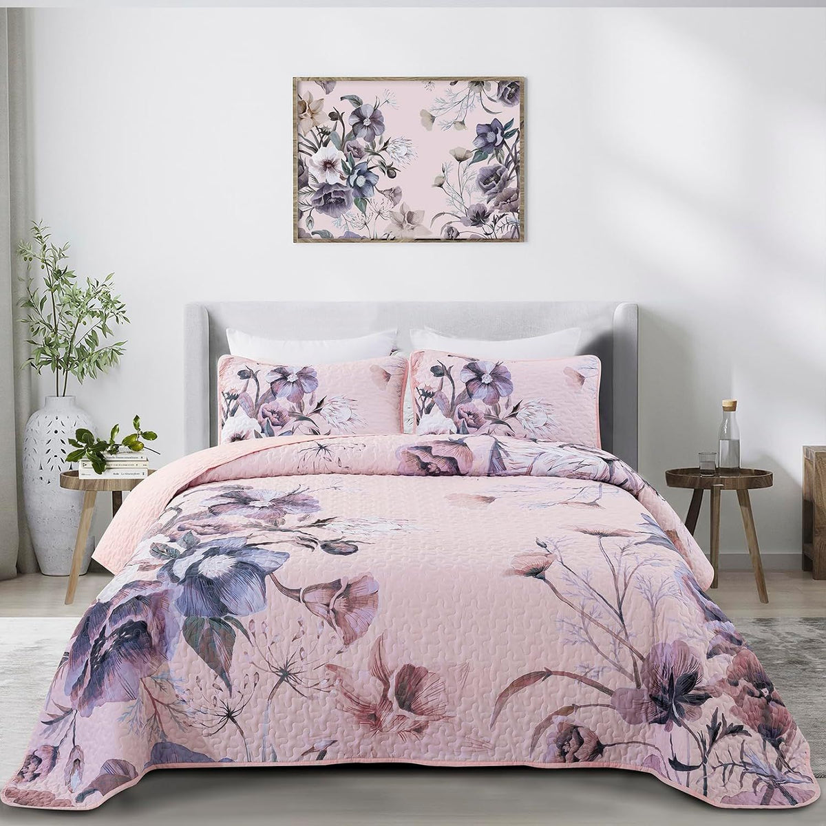 Pink Floral Dream Bedspread Coverlet 3 Piece Set