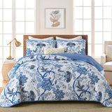 Blossoming Peony Garden blue white 3 Pc Bedspread & Pillow Cover Set