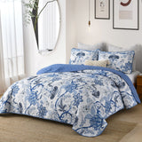Blossoming Peony Garden blue white 3 Pc Bedspread & Pillow Cover Set