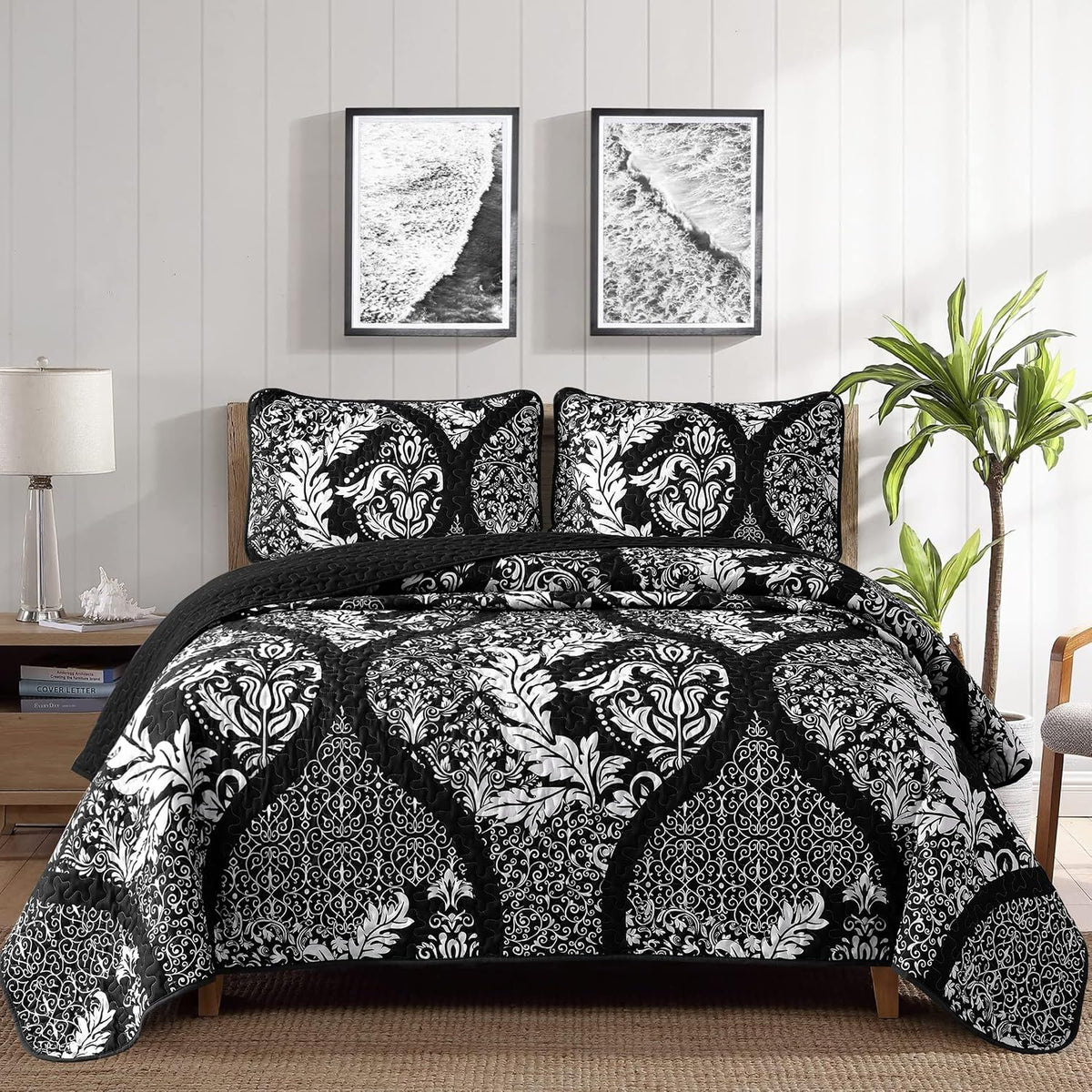 Black Damask Boho Charm Bedspread Coverlet 3 Piece Set