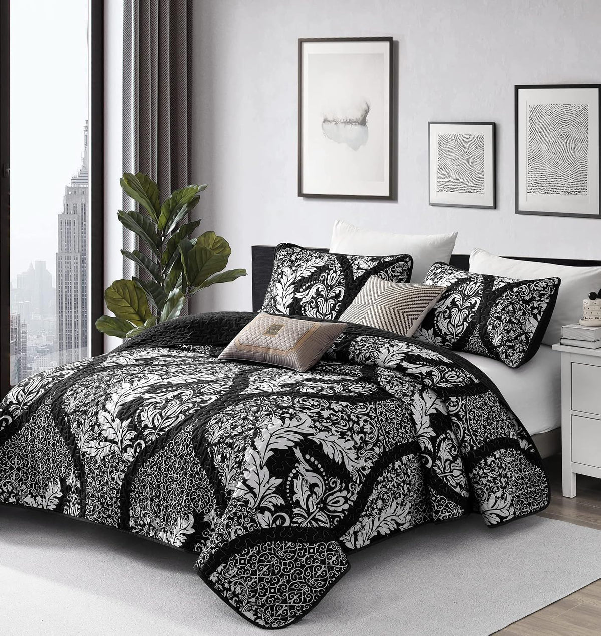 Black Damask Boho Charm Bedspread Coverlet 3 Piece Set