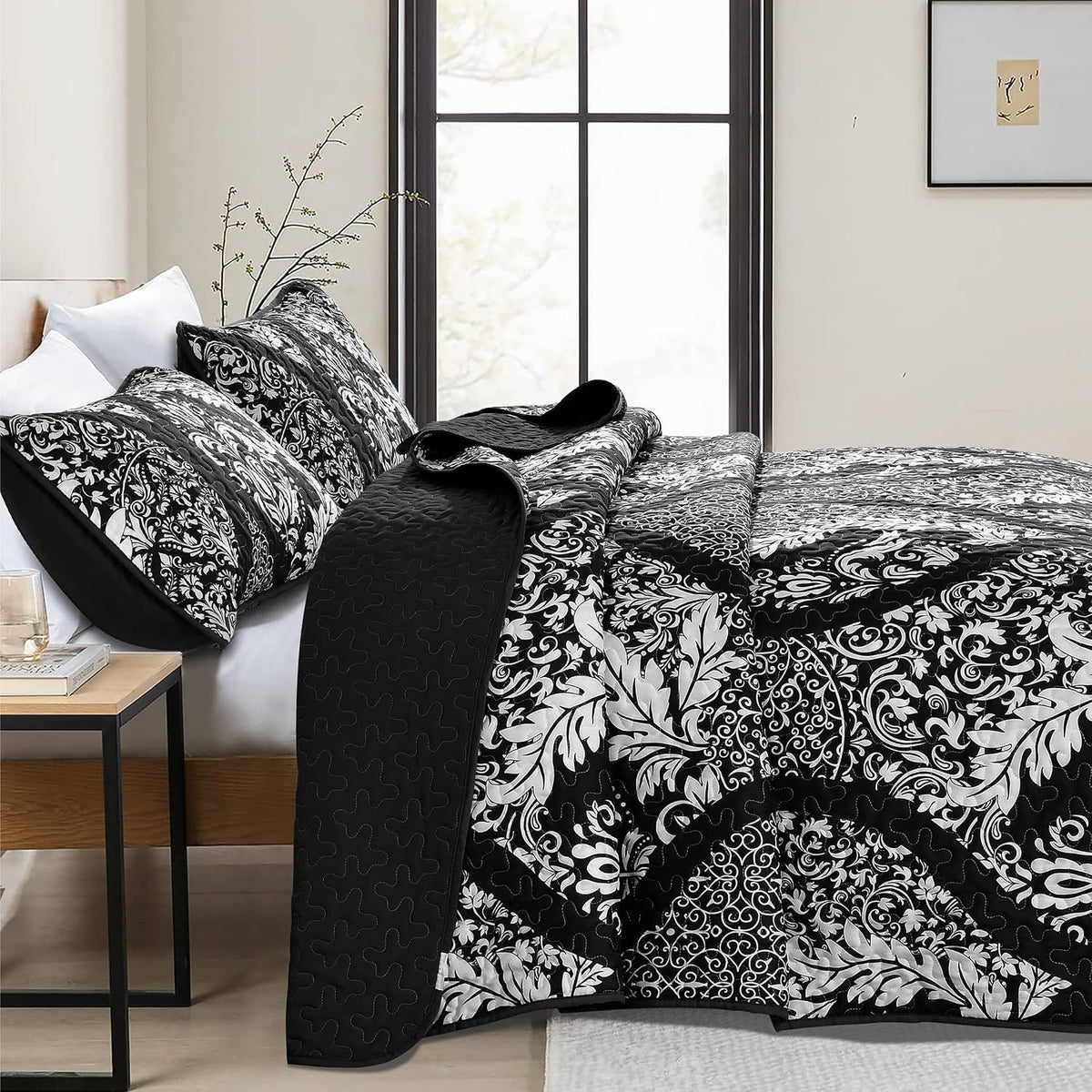 Black Damask Boho Charm Bedspread Coverlet 3 Piece Set