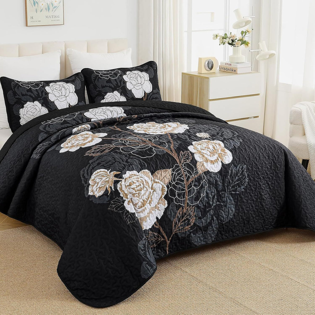 Black Floral Mosaic Bedspread Coverlet 3 Piece Set