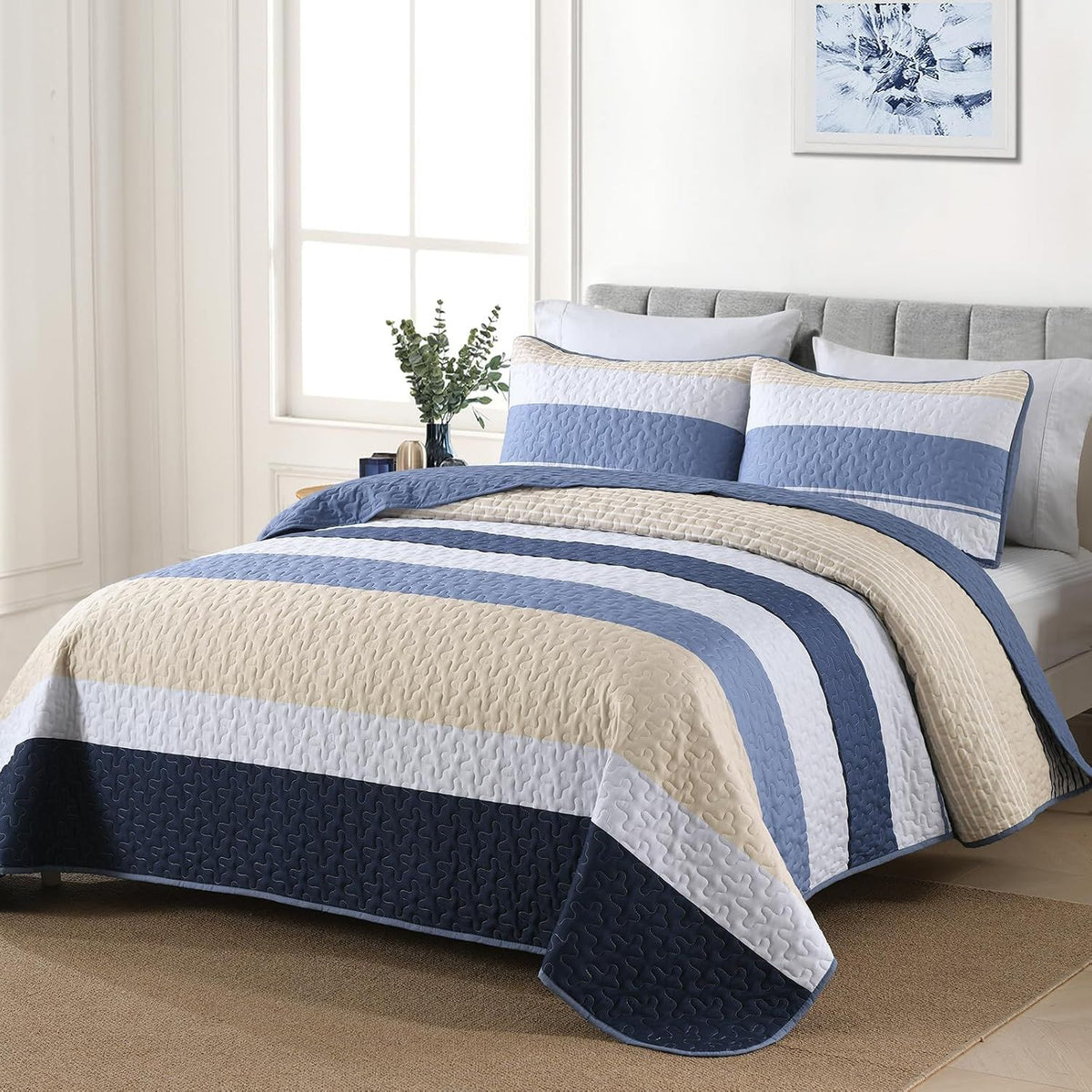Blue Stripe Patchwork Majesty Bedspread Coverlet 3 Piece Set