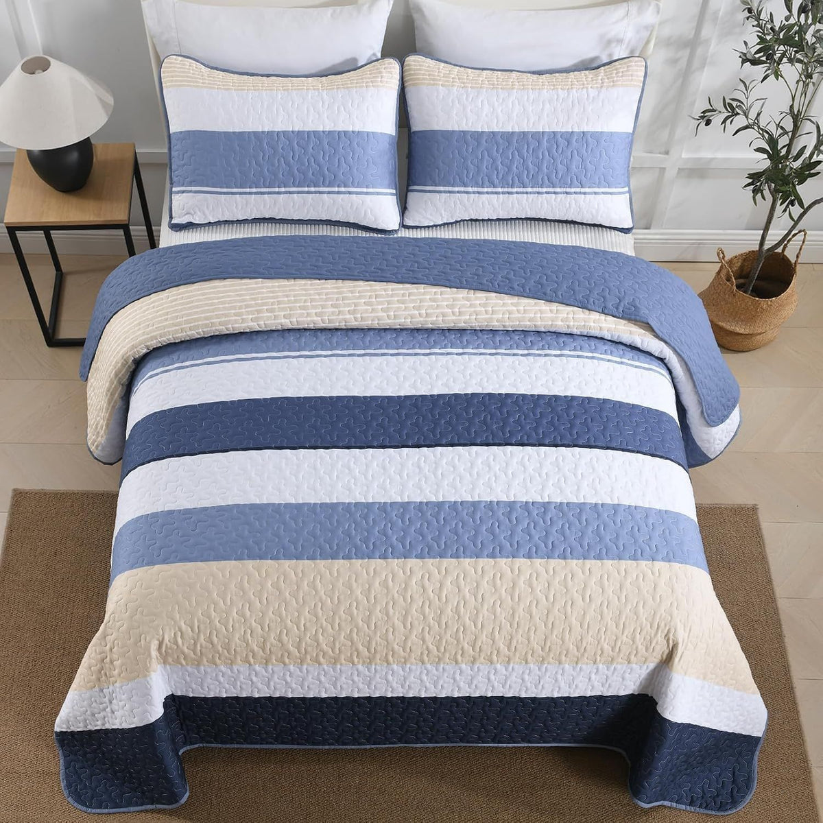 Blue Stripe Patchwork Majesty Bedspread Coverlet 3 Piece Set