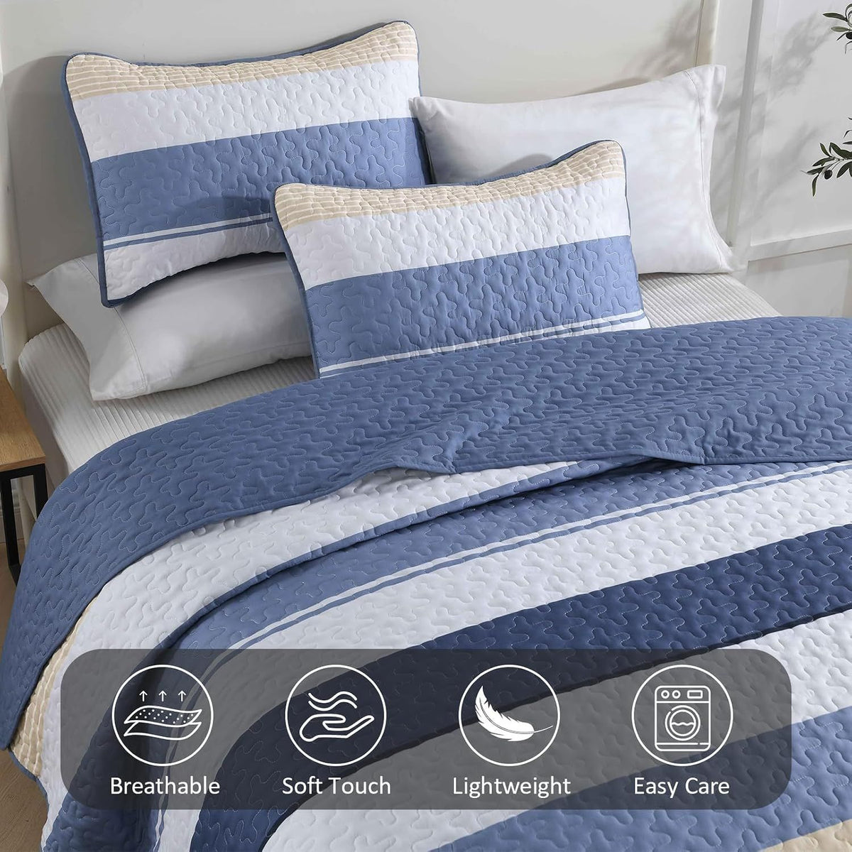Blue Stripe Patchwork Majesty Bedspread Coverlet 3 Piece Set