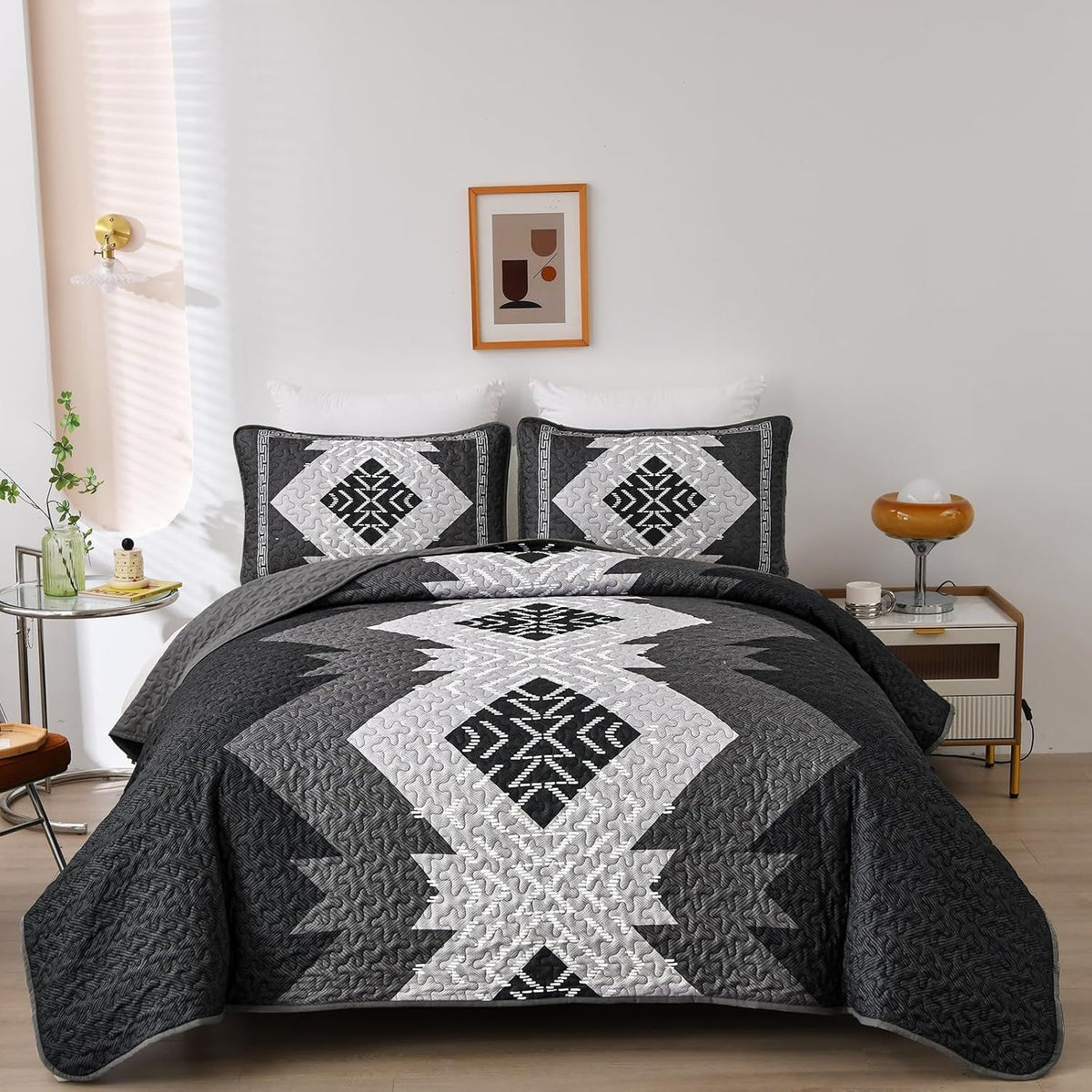 Black Aztec Boho Dream Bedspread Coverlet 3 Piece Set