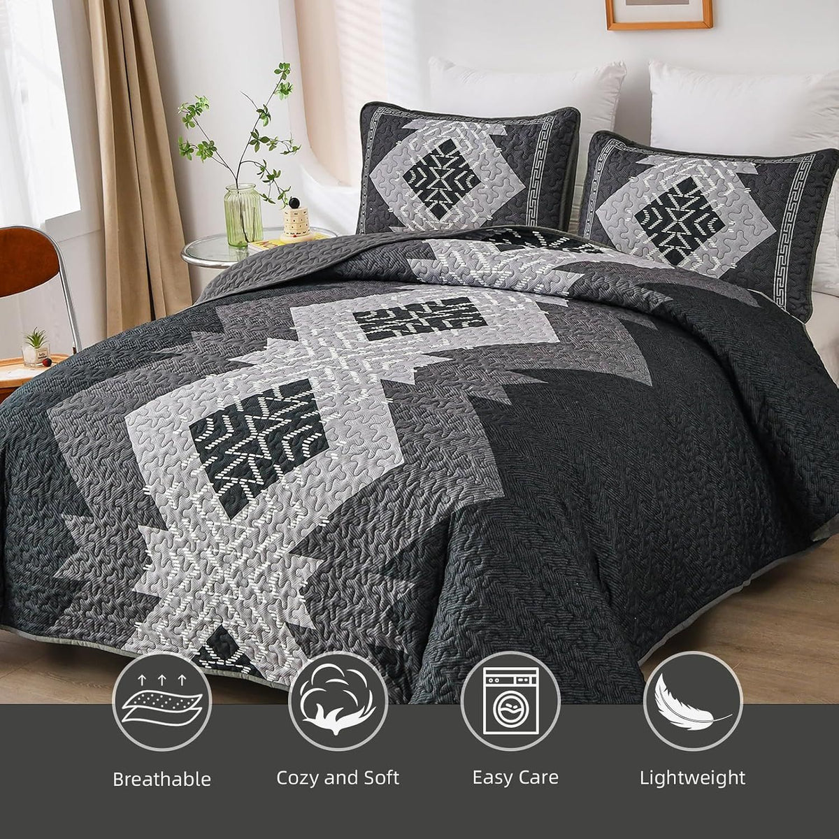 Black Aztec Boho Dream Bedspread Coverlet 3 Piece Set