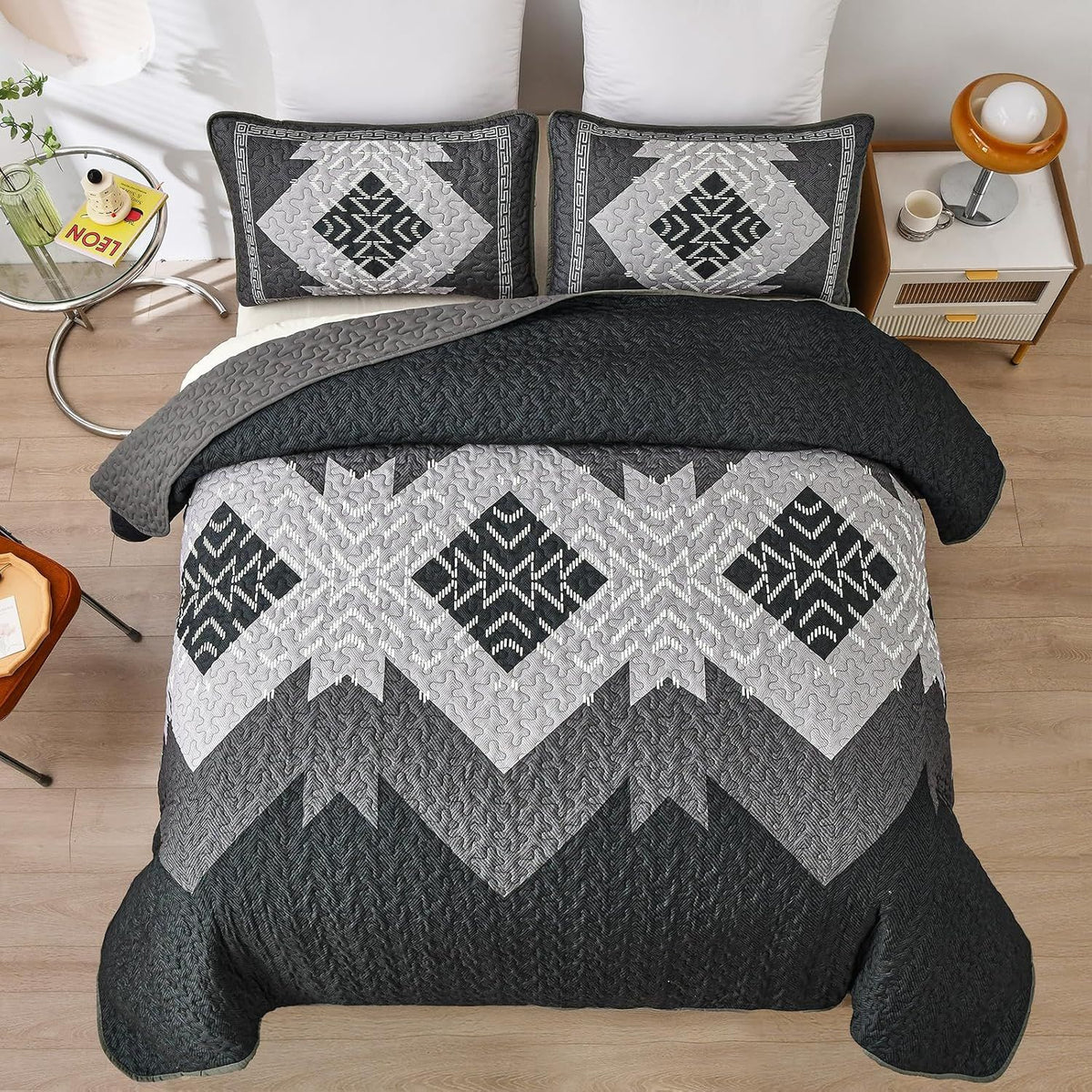 Black Aztec Boho Dream Bedspread Coverlet 3 Piece Set
