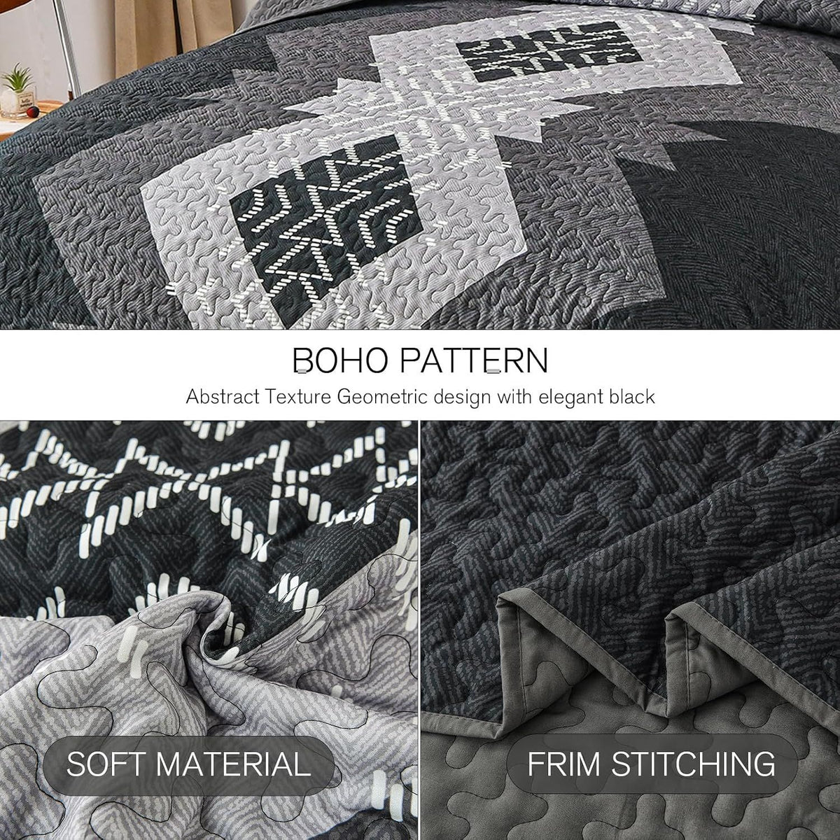 Black Aztec Boho Dream Bedspread Coverlet 3 Piece Set