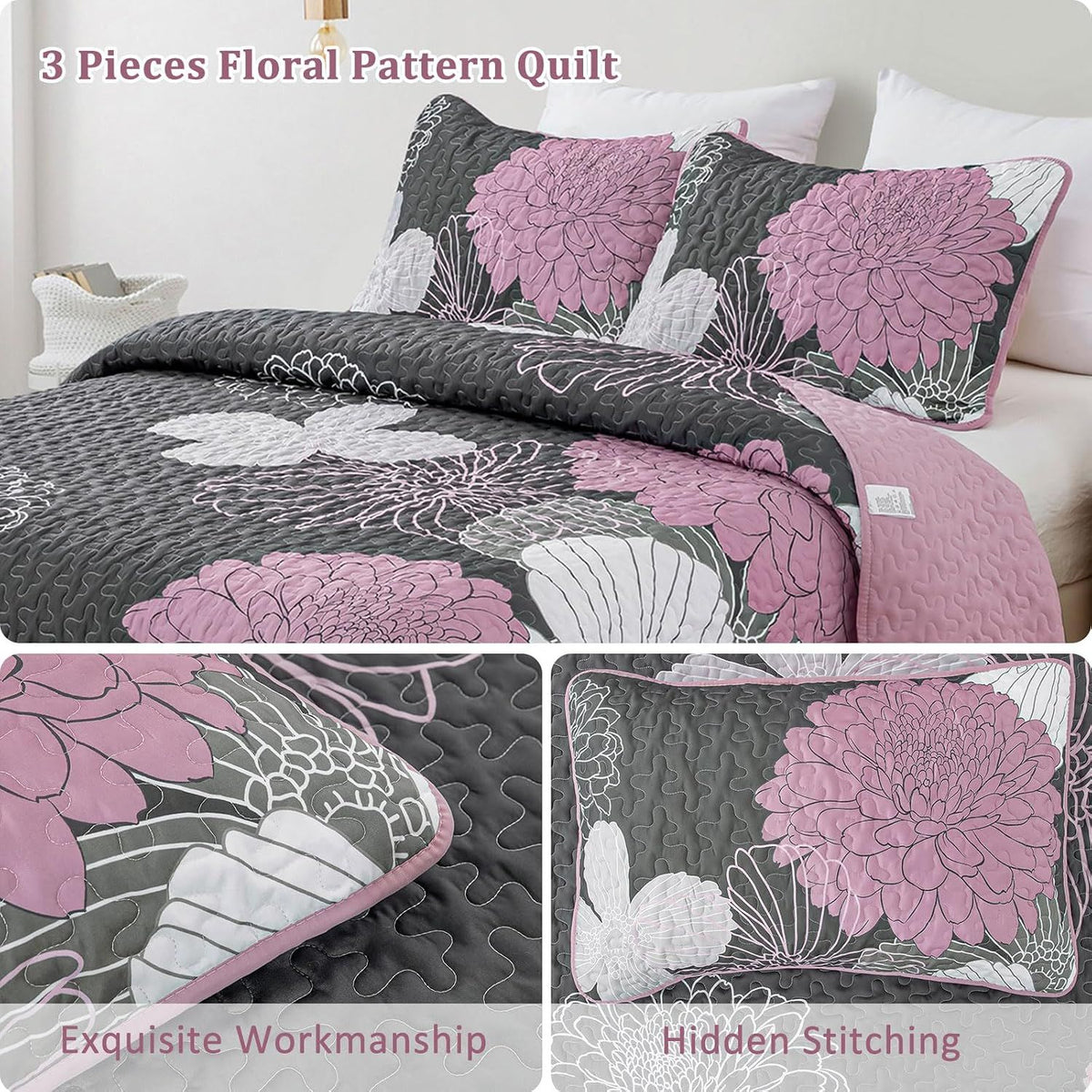 Grey Floral Elysian Bedspread Coverlet 3 Piece Set