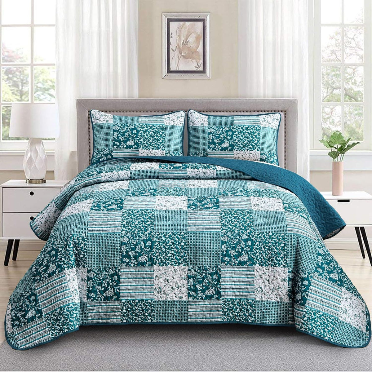 Teal Blue Floral Plaid Majesty Bedspread Coverlet 3 Piece Set