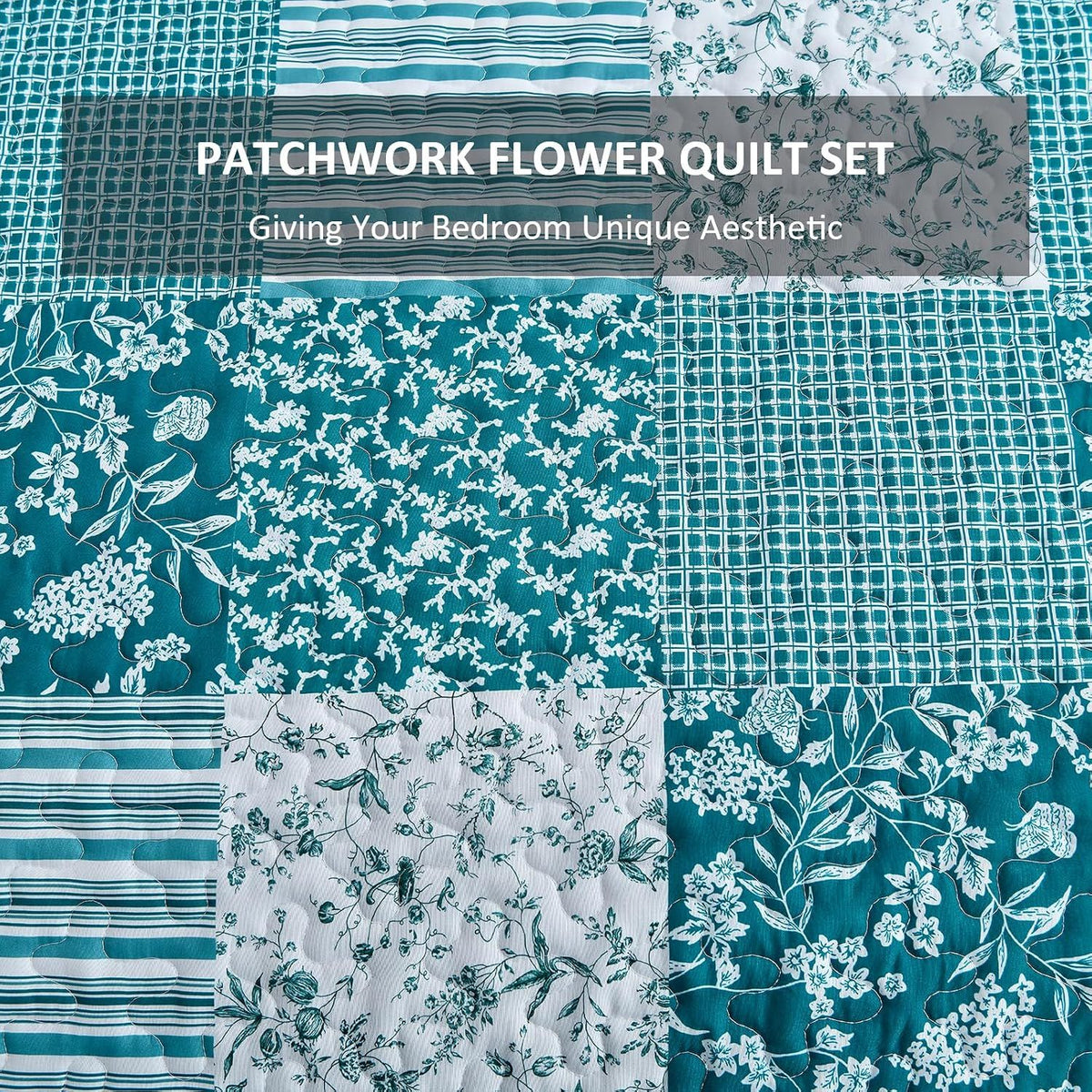 Teal Blue Floral Plaid Majesty Bedspread Coverlet 3 Piece Set