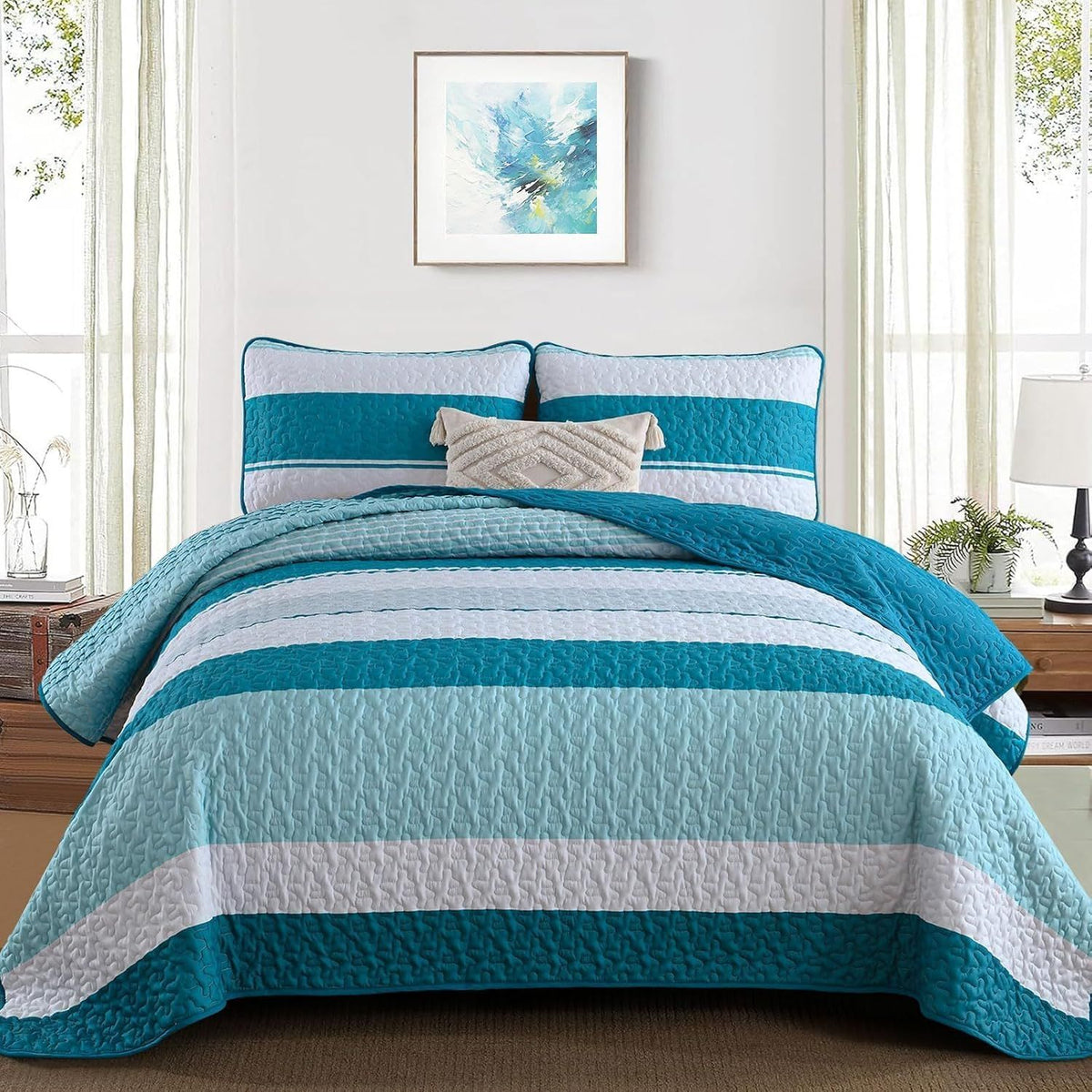 Teal Stripe Patchwork Vista Bedspread Coverlet 3 Piece Set