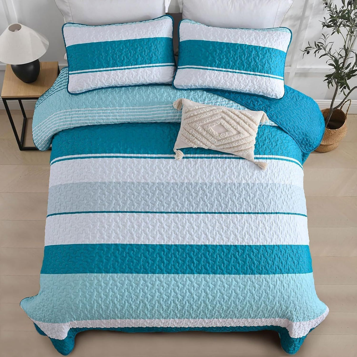 Teal Stripe Patchwork Vista Bedspread Coverlet 3 Piece Set