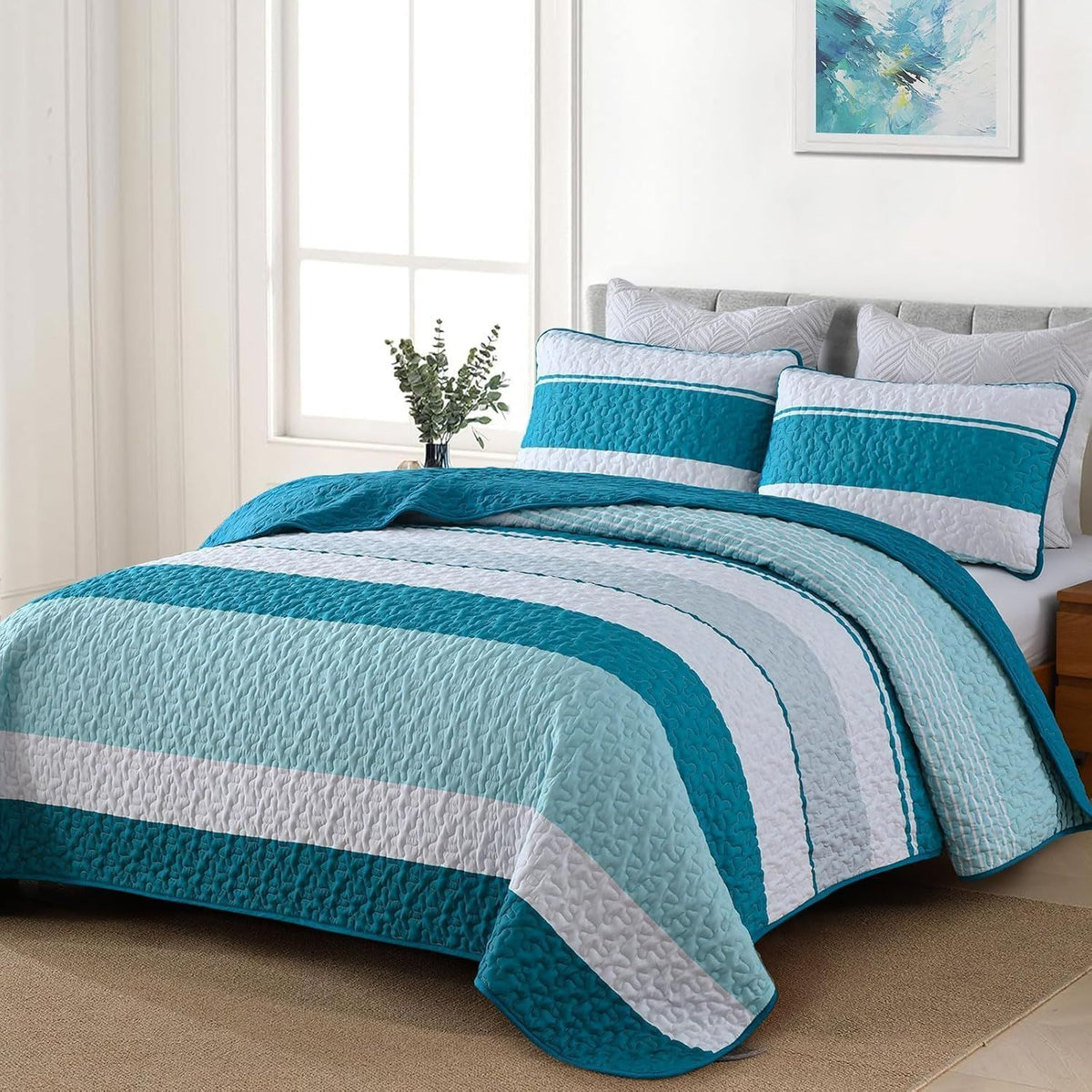 Teal Stripe Patchwork Vista Bedspread Coverlet 3 Piece Set