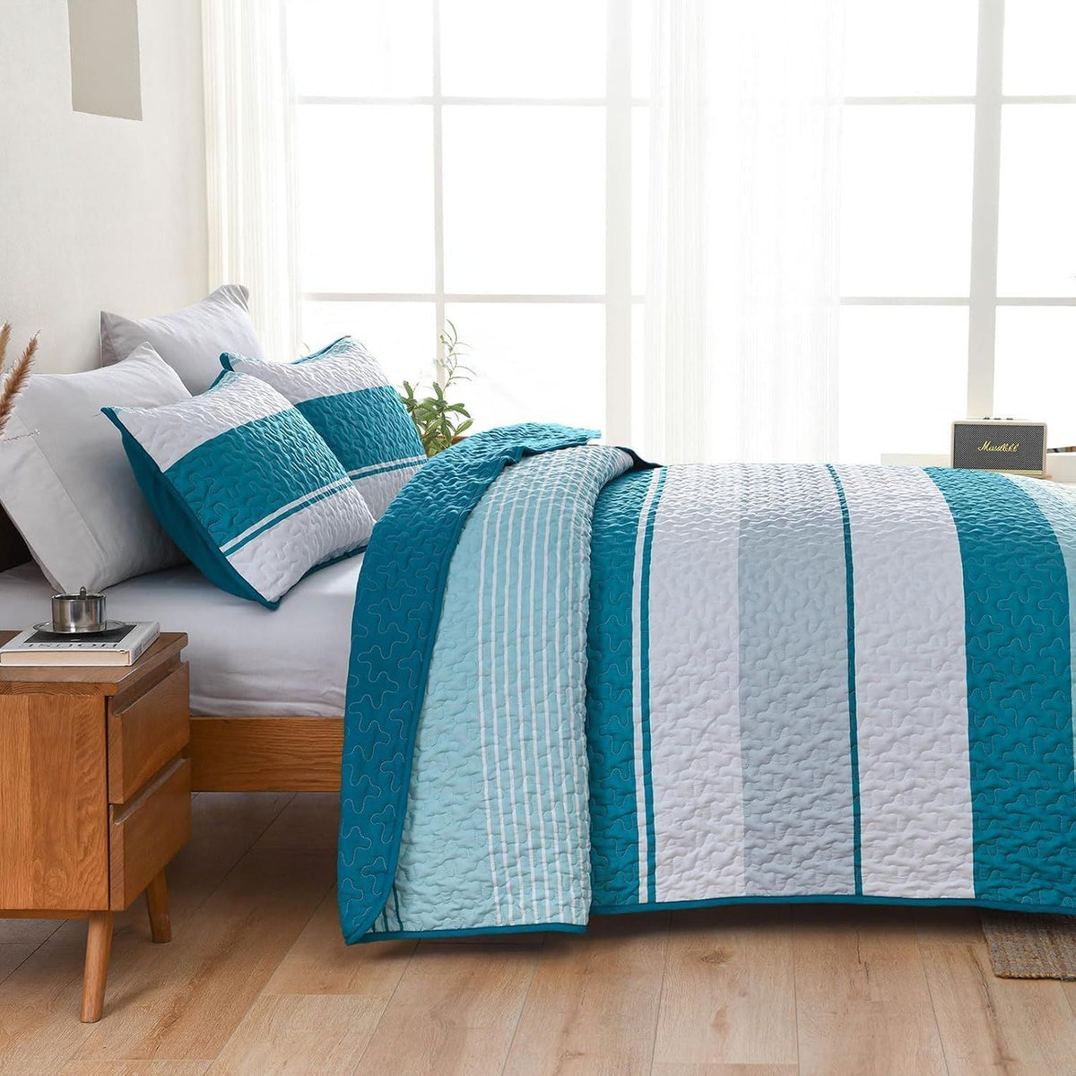 Teal Stripe Patchwork Vista Bedspread Coverlet 3 Piece Set
