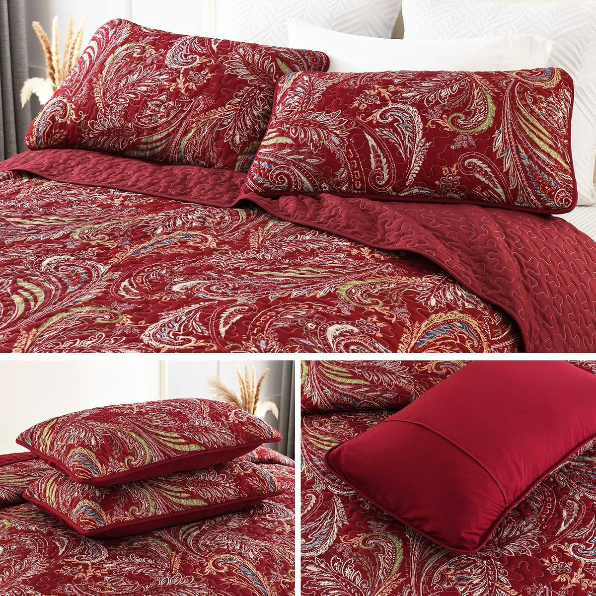 Red Paisley Garden Bedspread Coverlet 3 Piece Set