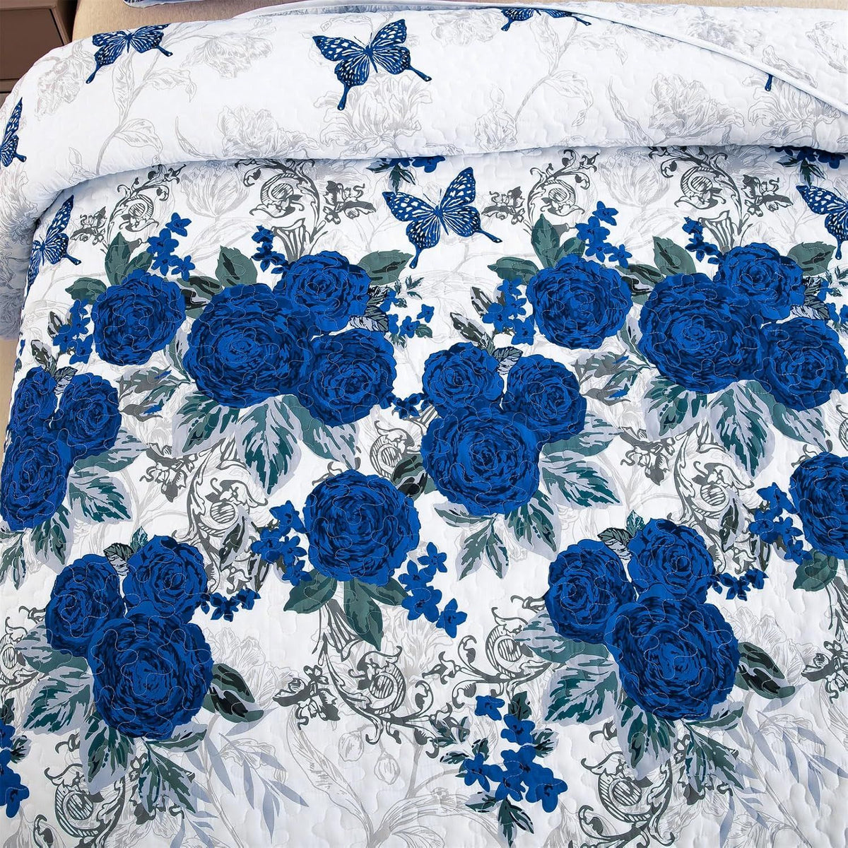 Blue Floral Rose Meadow Bedspread Coverlet 3 Piece Set