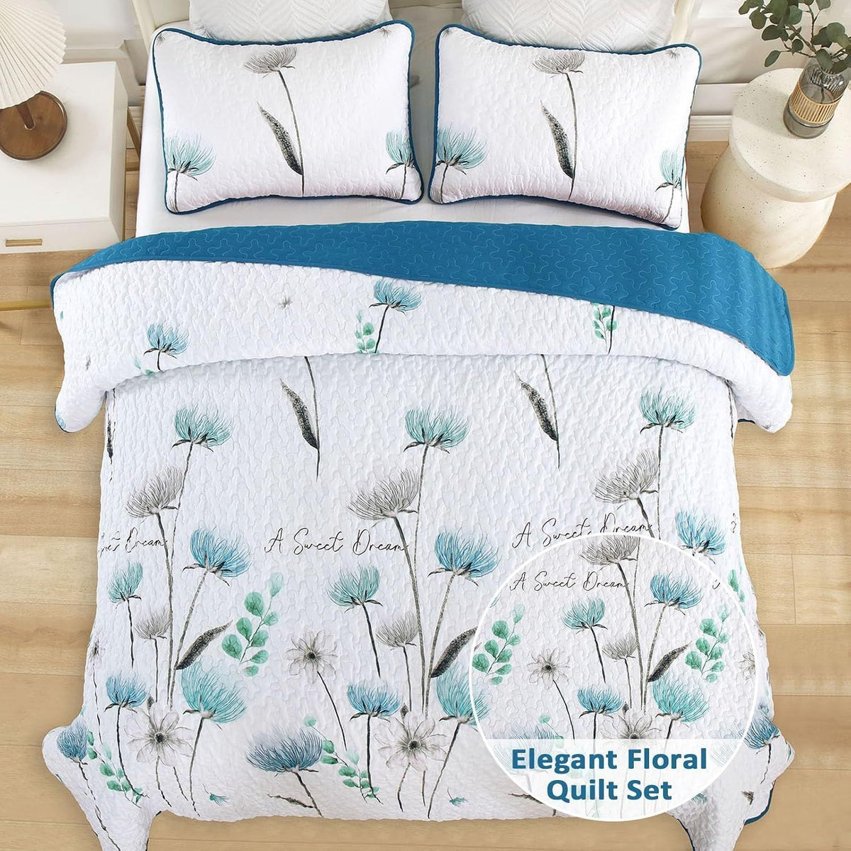 Teal Floral Dream Bedspread Coverlet 3 Piece Set