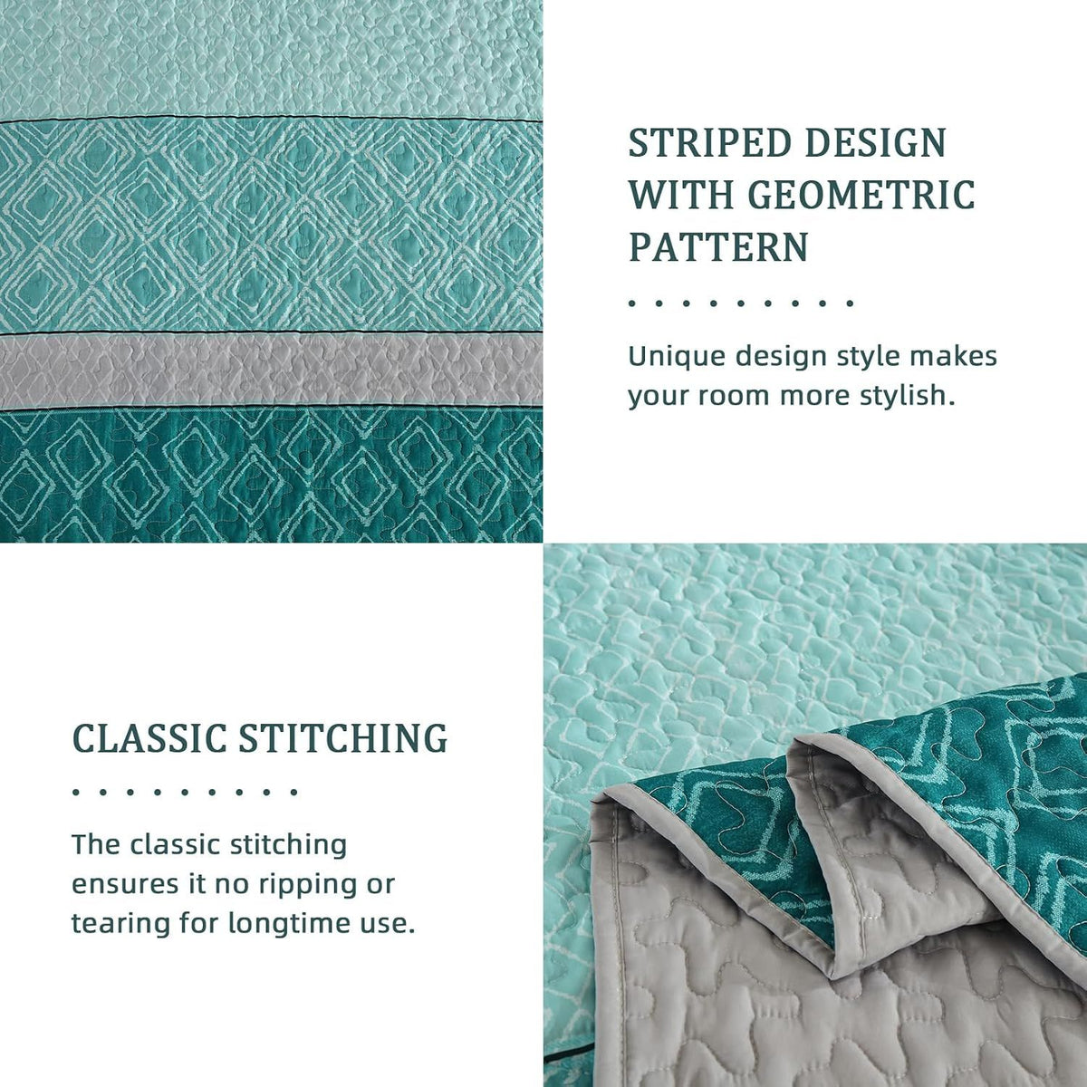 Teal Plaid Boho Mosaic Bedspread Coverlet 3 Piece Set