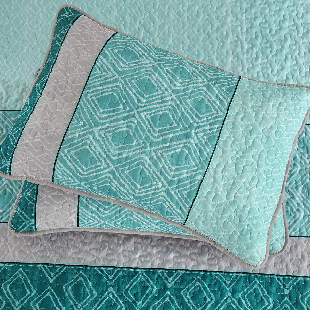 Teal Plaid Boho Mosaic Bedspread Coverlet 3 Piece Set