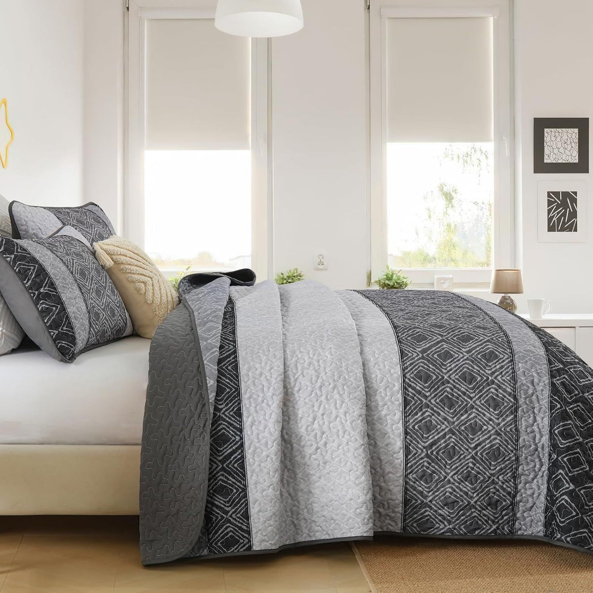 Grey Stripe Plaid Dream Bedspread Coverlet 3 Piece Set