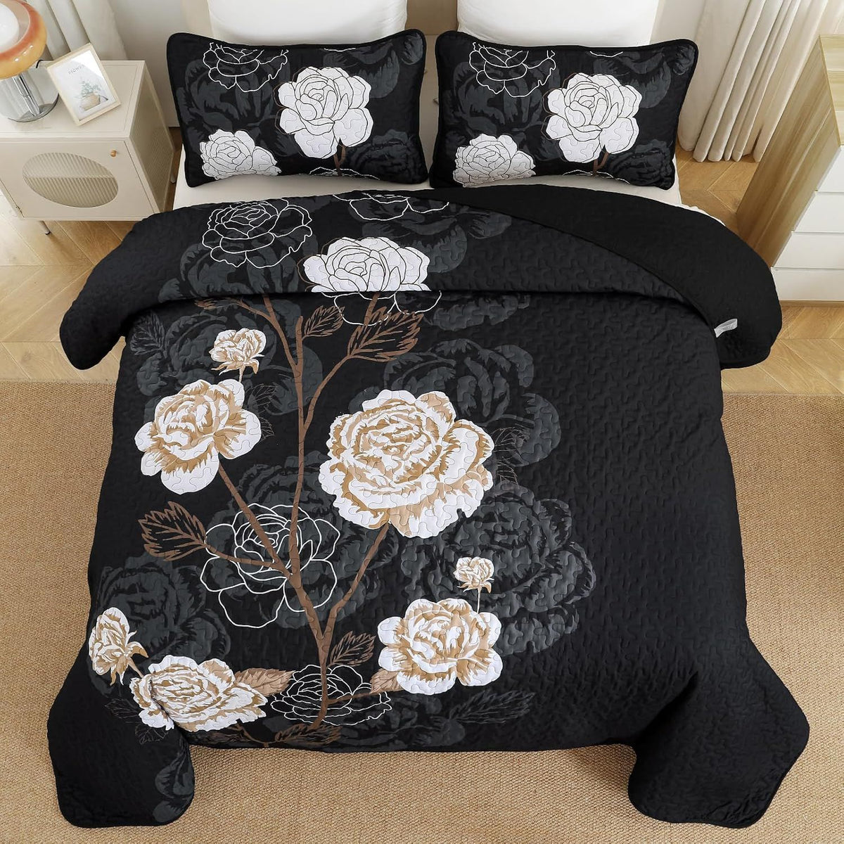 Black Floral Aura Bedspread Coverlet 3 Piece Set