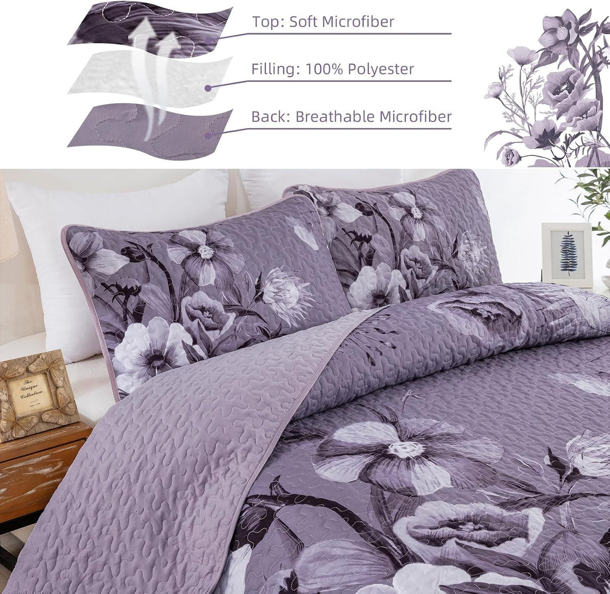 Dark Purple Floral Boho Serenity Bedspread Coverlet 3 Piece Set