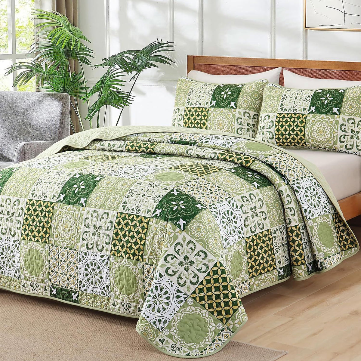 Sage Green Plaid Patchwork Garden Bedspread Coverlet 3 Piece Set