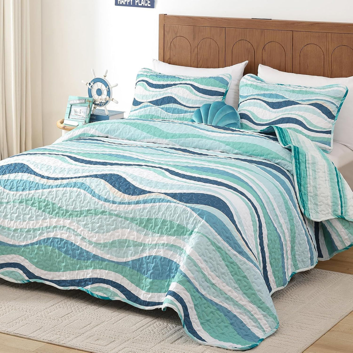 Elegant Coastal Sea Wave Meadow Bedspread Coverlet 3 Piece Set