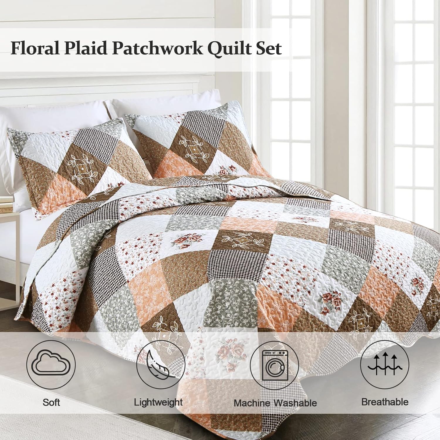 Quilts & Duvets: Gleaming rust brown colo patchwork 3 Pc Bedspread & Pillow Cover Set